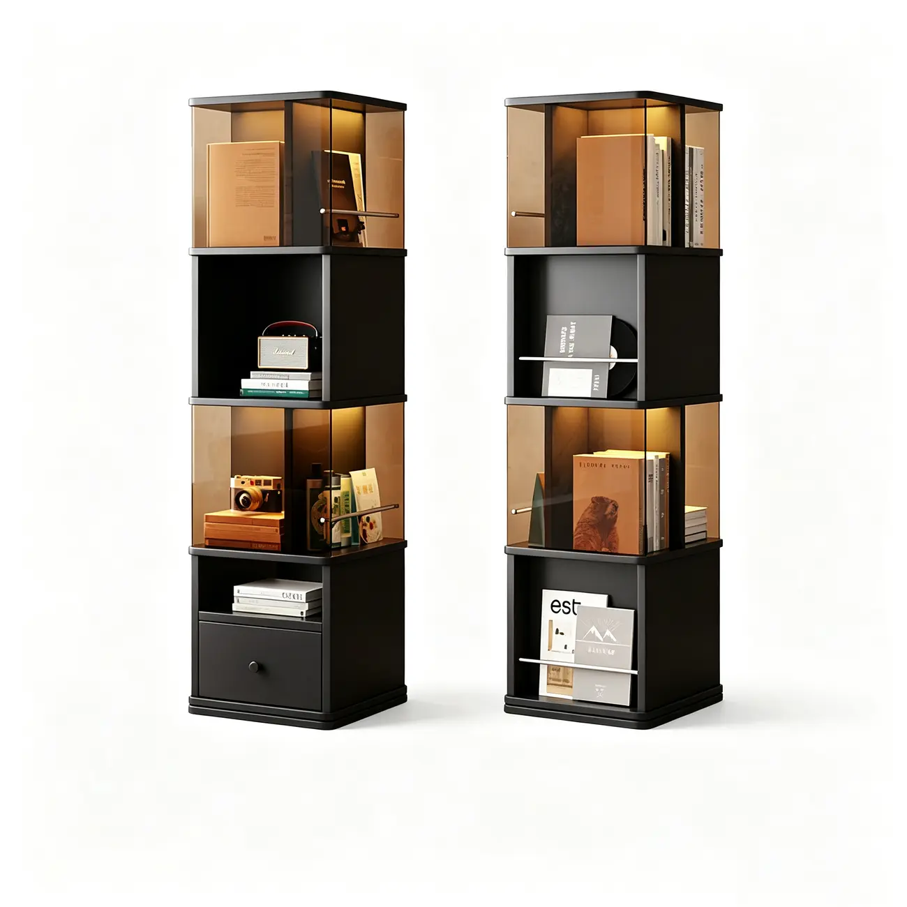 Mid-Century Modern 360° Rotating Tower Bookshelf with LED Lights Image - 16 | homeyfad