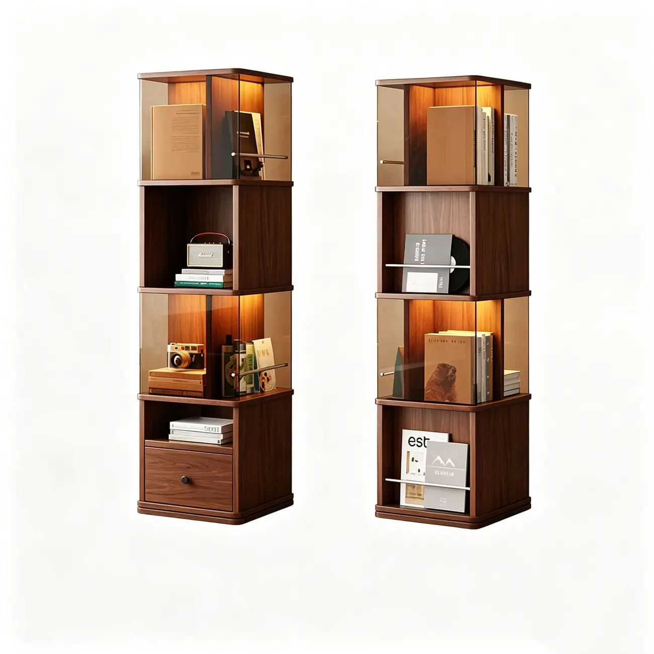 Mid-Century Modern 360° Rotating Tower Bookshelf with LED Lights Image - 17 | homeyfad