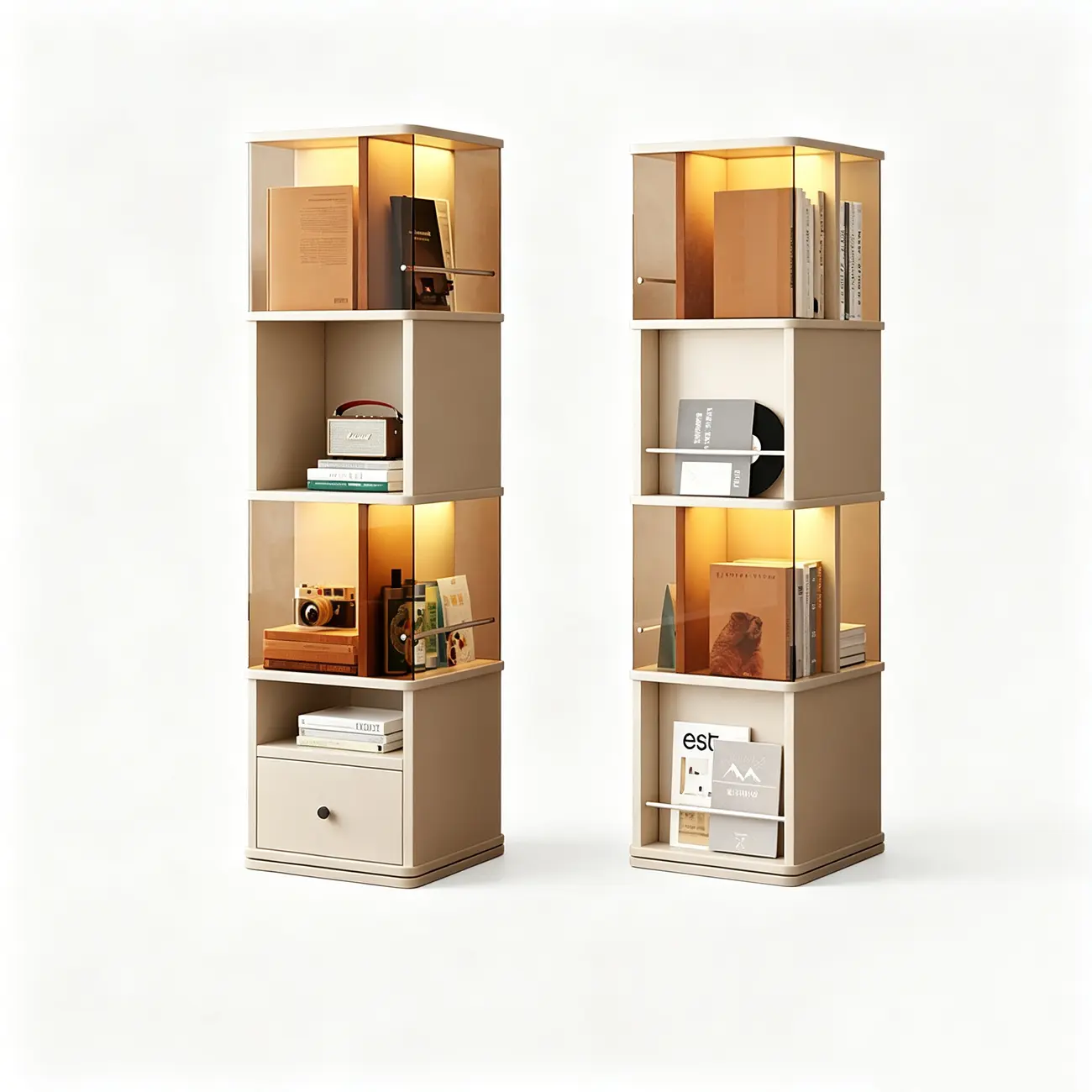 Mid-Century Modern 360° Rotating Tower Bookshelf with LED Lights Image - 18 | homeyfad