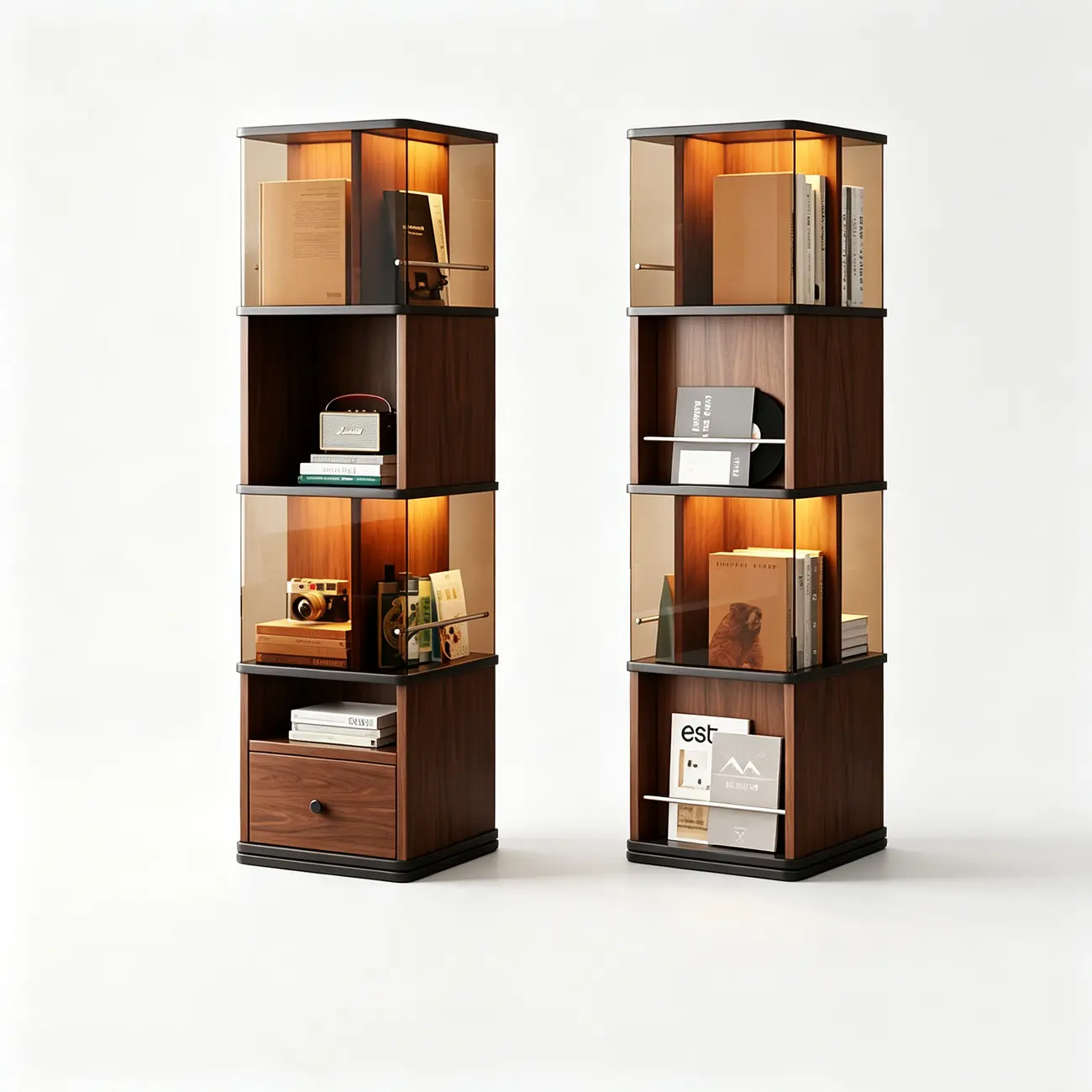 Mid-Century Modern 360° Rotating Tower Bookshelf with LED Lights Image - 19 | homeyfad