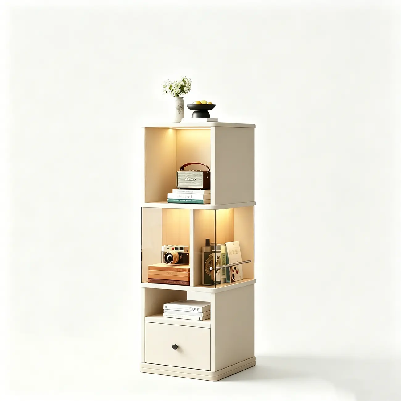 Mid-Century Modern 360° Rotating Tower Bookshelf with LED Lights Image - 20 | homeyfad