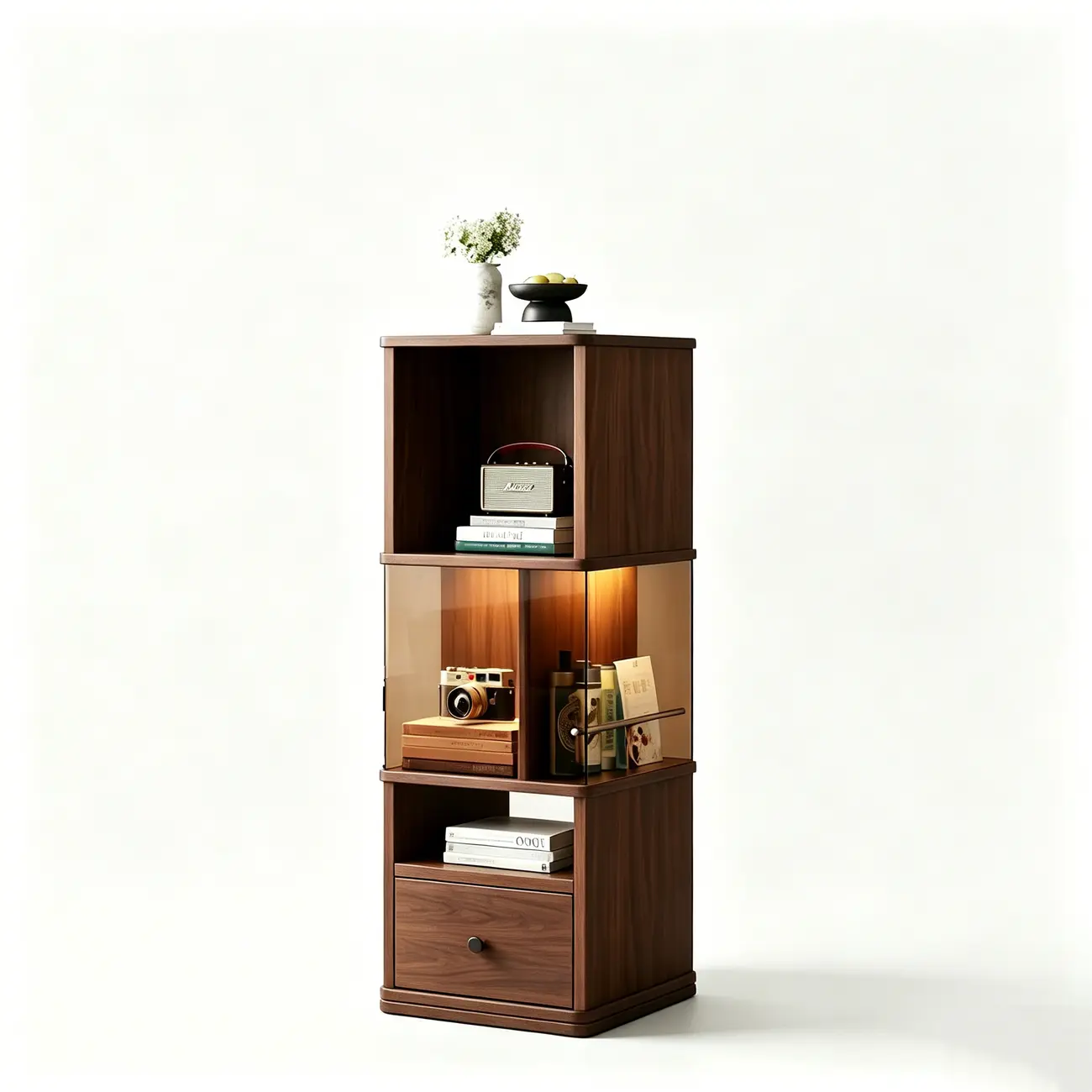Mid-Century Modern 360° Rotating Tower Bookshelf with LED Lights Image - 23 | homeyfad