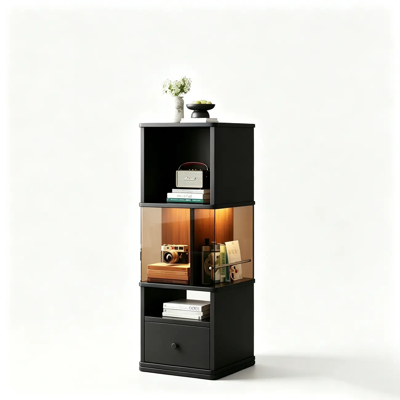 Mid-Century Modern 360° Rotating Tower Bookshelf with LED Lights Image - 21 | homeyfad