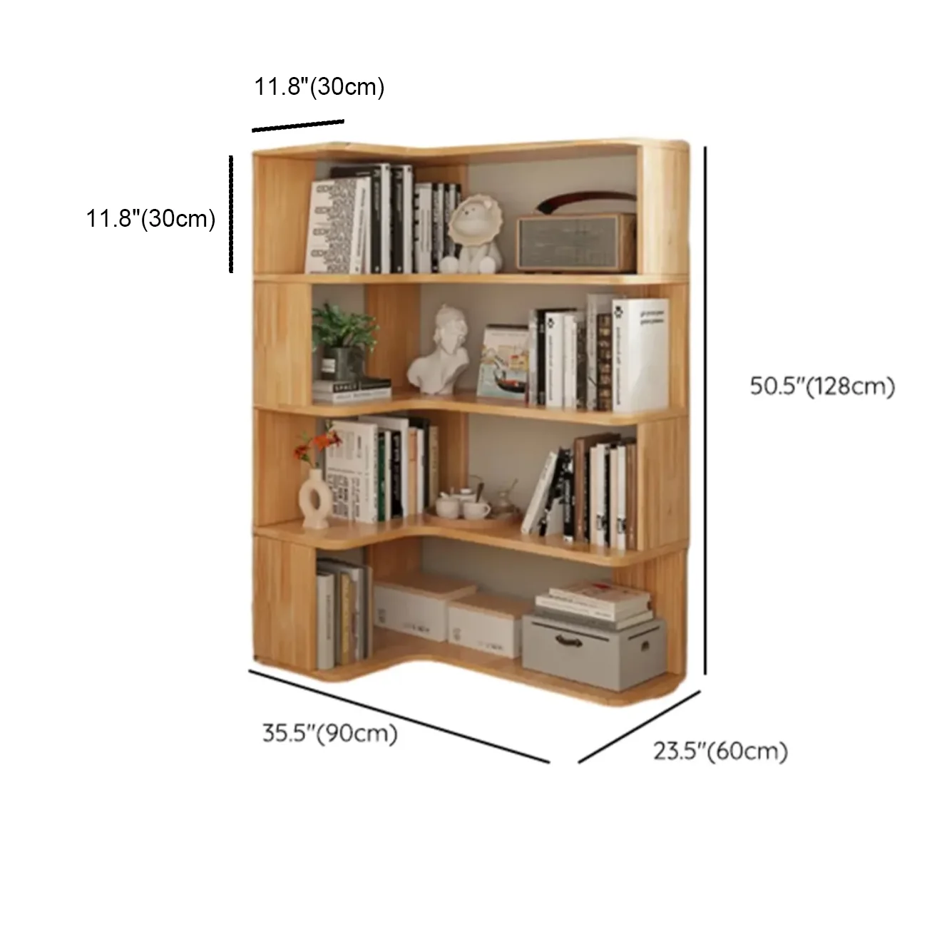 Natural Finish L-Shaped Vertical Wood Open Back Bookcase Image - 15 | homeyfad