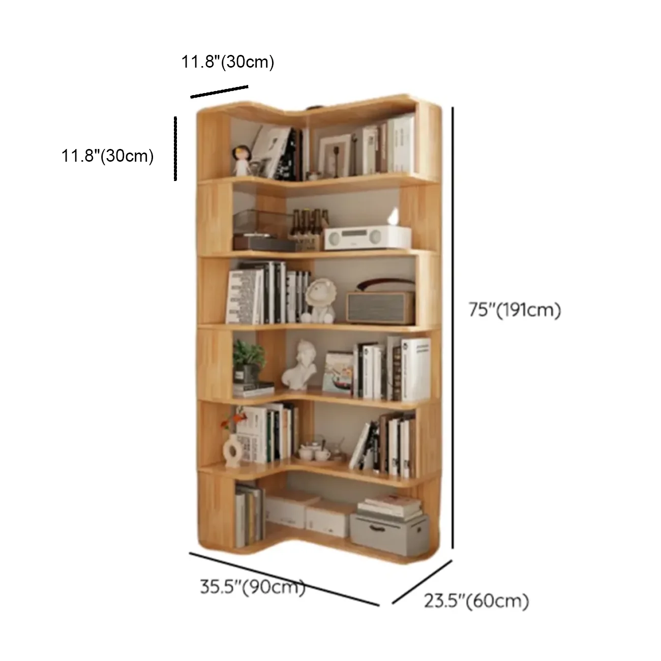 Natural Finish L-Shaped Vertical Wood Open Back Bookcase Image - 19 | homeyfad
