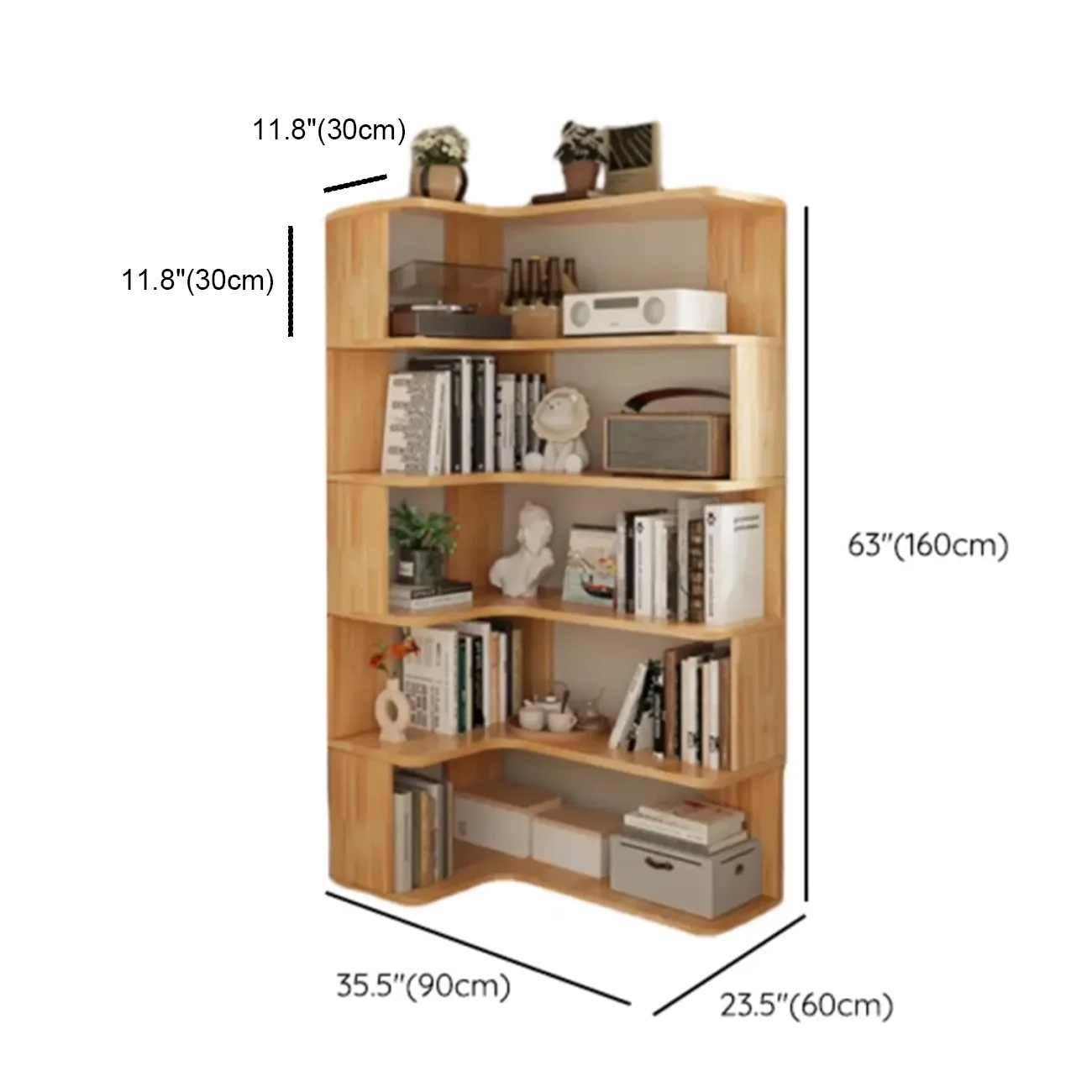 Natural Finish L-Shaped Vertical Wood Open Back Bookcase Image - 17 | homeyfad