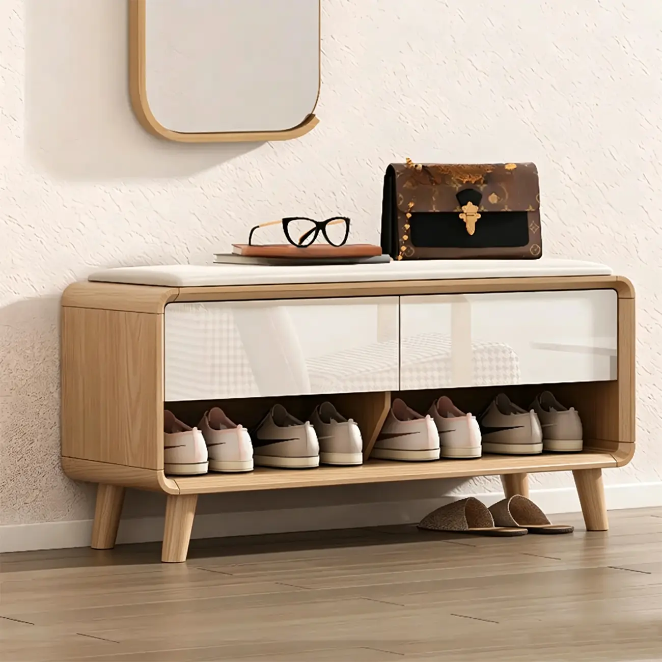 Entryway Natural Wood Shoe Storage Bench with Drawers Image - 1 | homeyfad