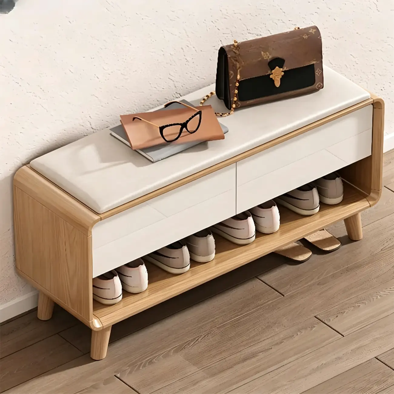 Entryway Natural Wood Shoe Storage Bench with Drawers Image - 2 | homeyfad