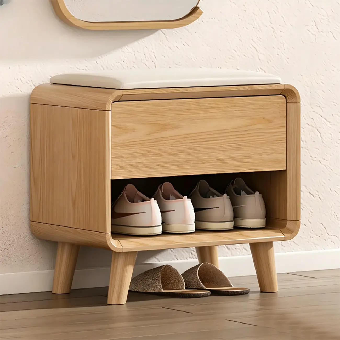 Entryway Natural Wood Shoe Storage Bench with Drawers Image - 3 | homeyfad