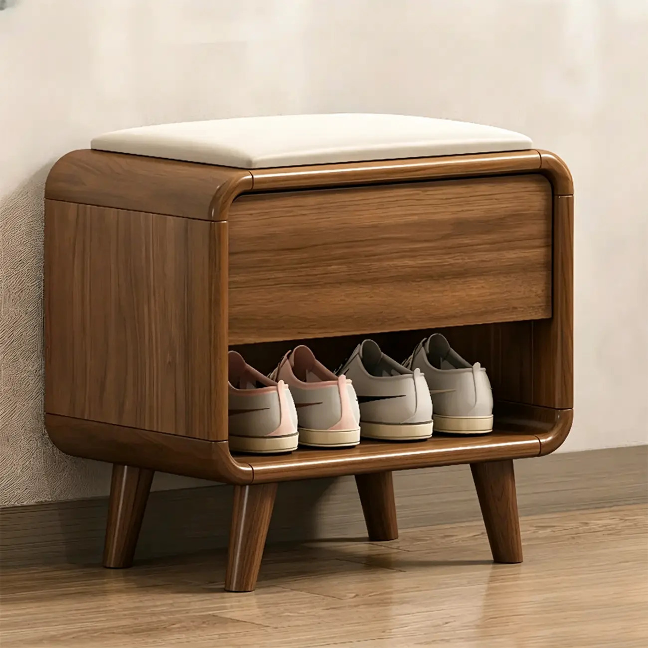 Entryway Natural Wood Shoe Storage Bench with Drawers Image - 4 | homeyfad