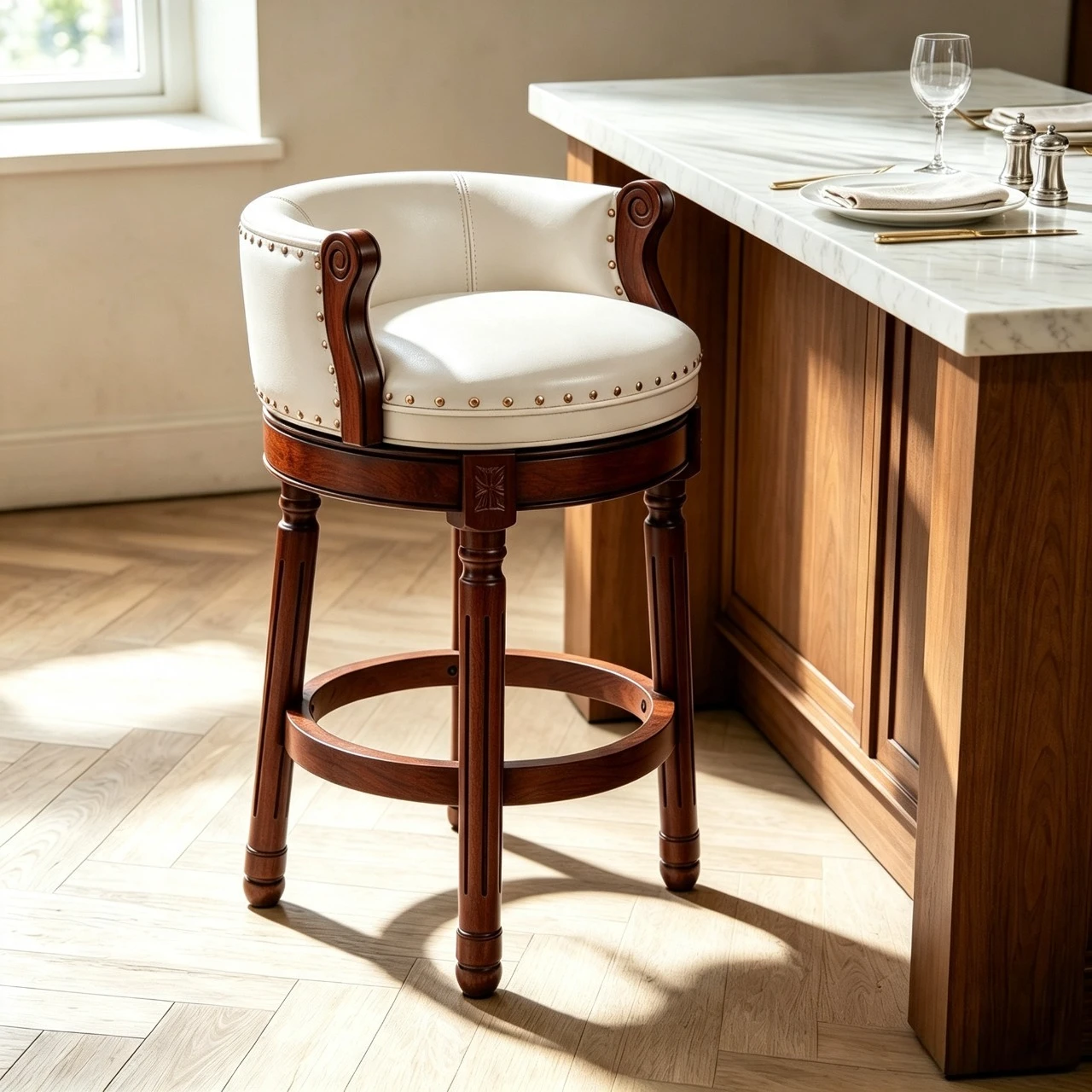 Traditional Genuine Leather Solid Wood Swivel Kitchen 25.6"H Counter Stools Image - 6 | homeyfad