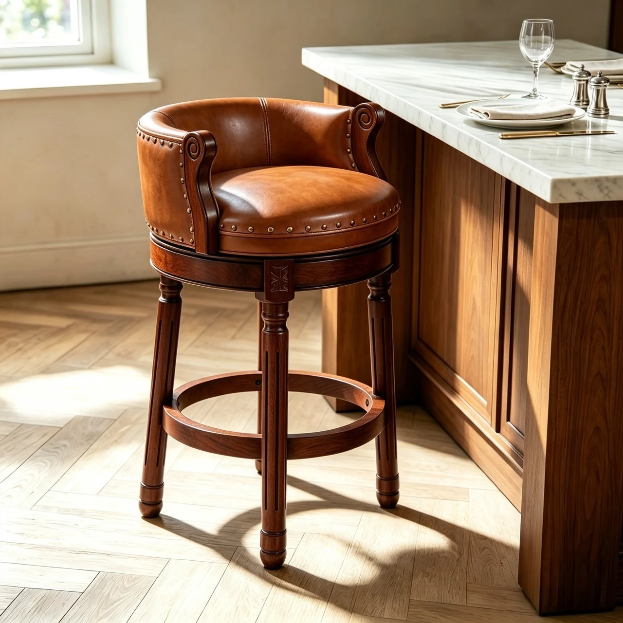 Traditional Genuine Leather Solid Wood Swivel Kitchen 25.6"H Counter Stools Image - 7 | homeyfad