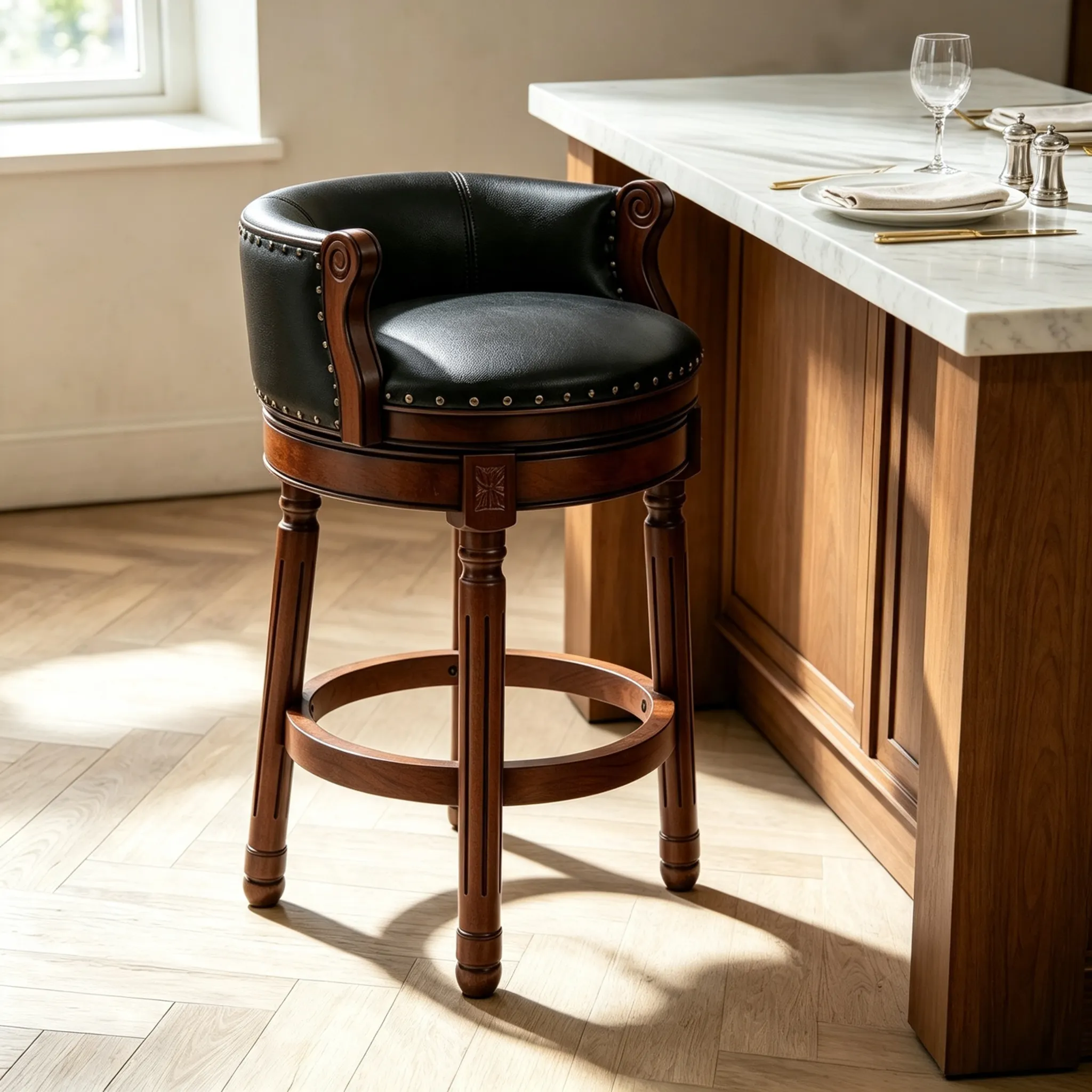 Traditional Genuine Leather Solid Wood Swivel Kitchen 25.6"H Counter Stools Image - 8 | homeyfad