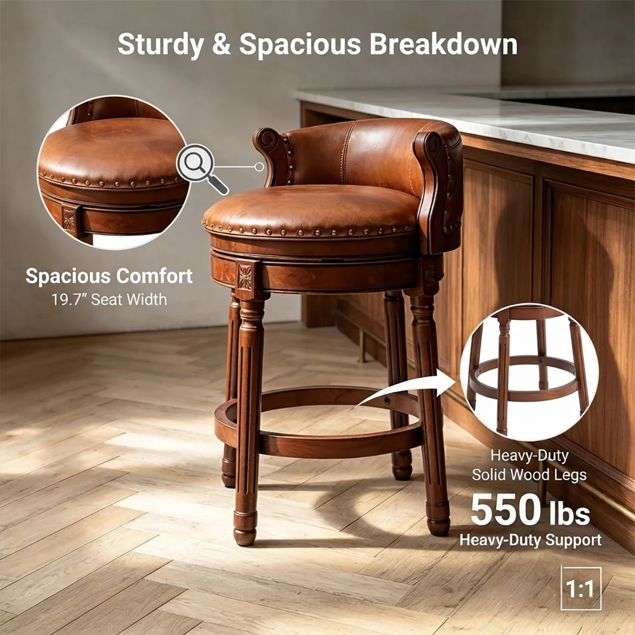 Traditional Genuine Leather Solid Wood Swivel Kitchen 25.6"H Counter Stools Image - 3 | homeyfad