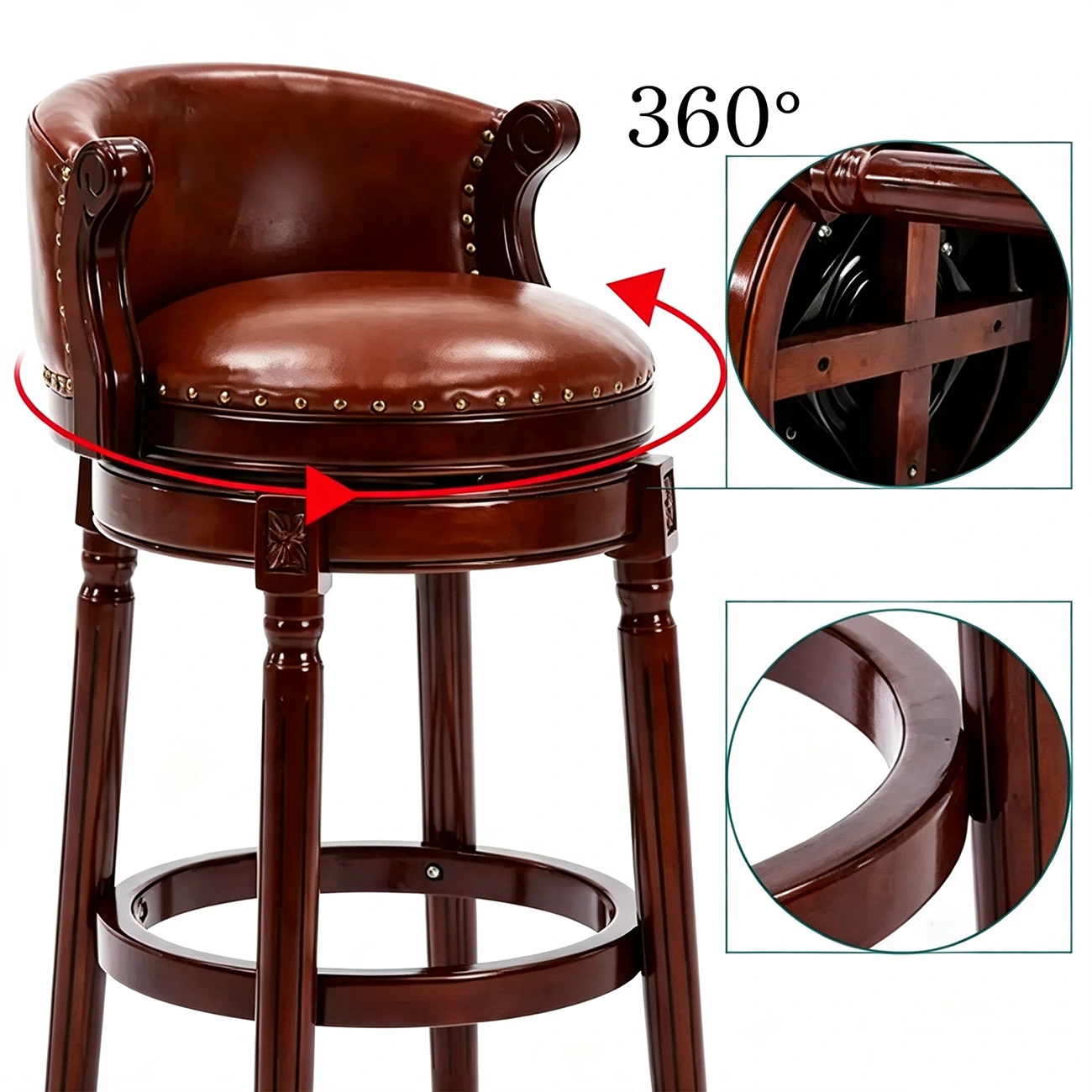Traditional Genuine Leather Solid Wood Swivel Kitchen 25.6"H Counter Stools Image - 5 | homeyfad