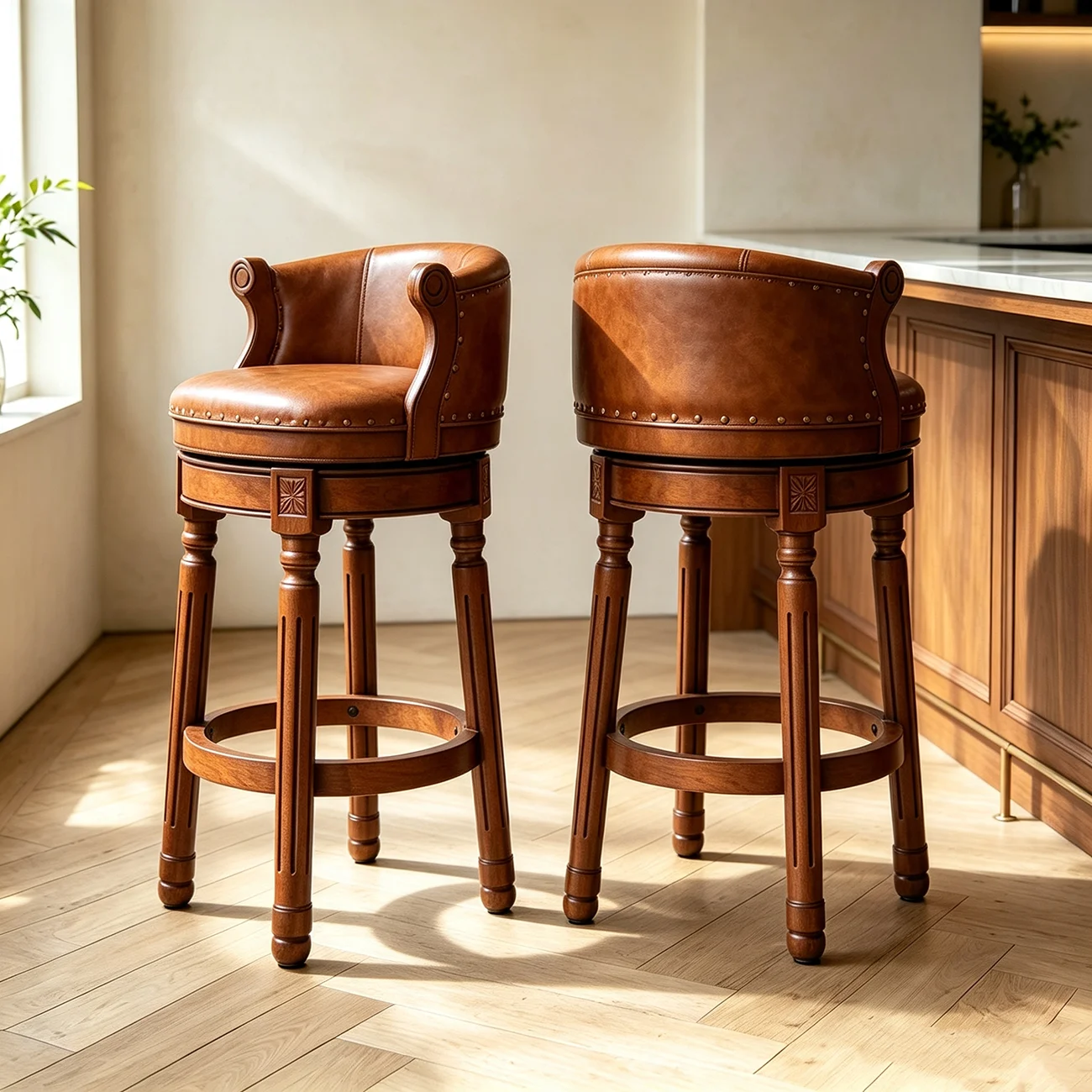 Traditional Genuine Leather Solid Wood Swivel Kitchen 25.6"H Counter Stools Image - 1 | homeyfad