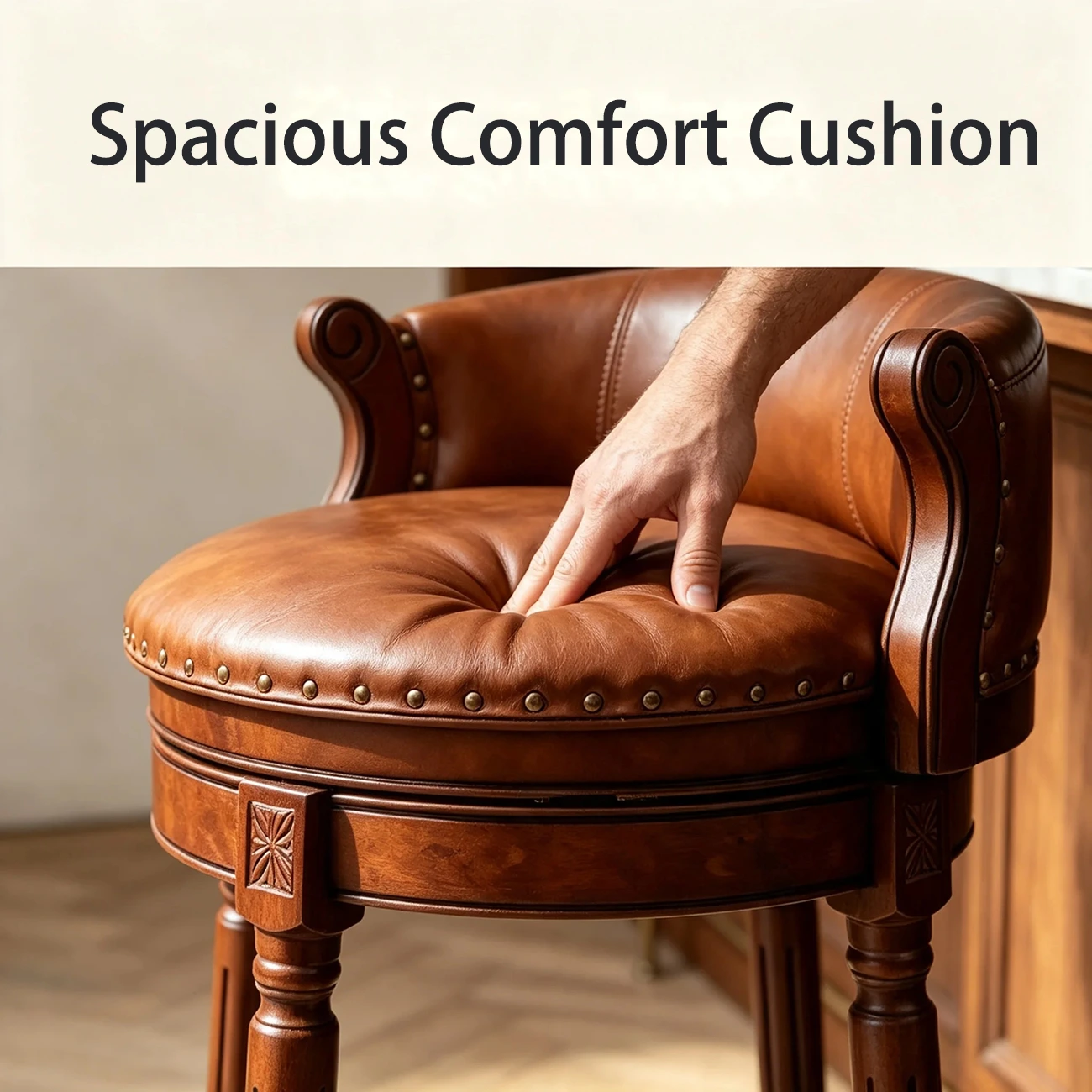 Traditional Genuine Leather Solid Wood Swivel Kitchen 25.6"H Counter Stools Image - 4 | homeyfad