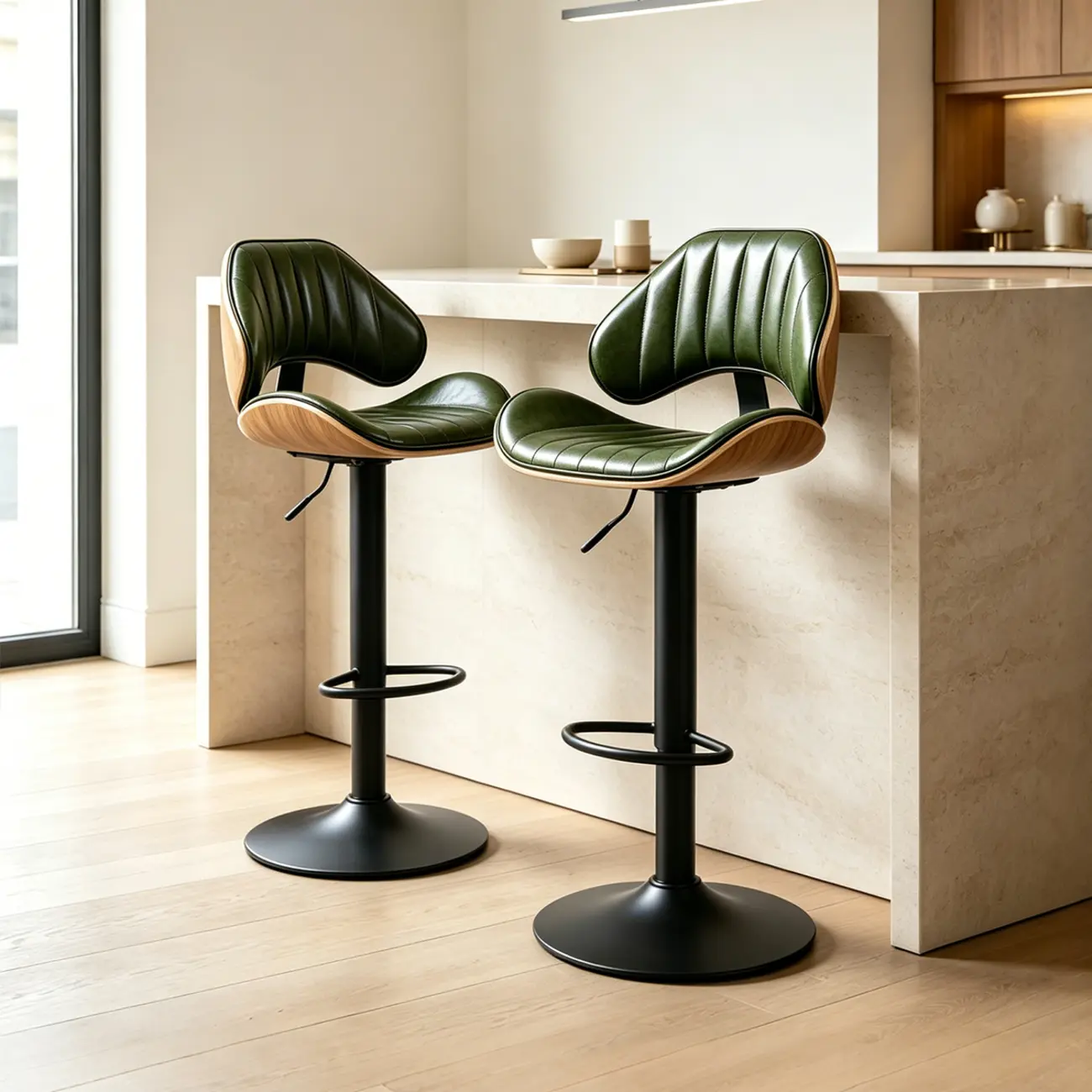 Modern Adjustable Faux Leather Swivel Bar Stools Set of 2 for Kitchen Island Image - 10 | homeyfad