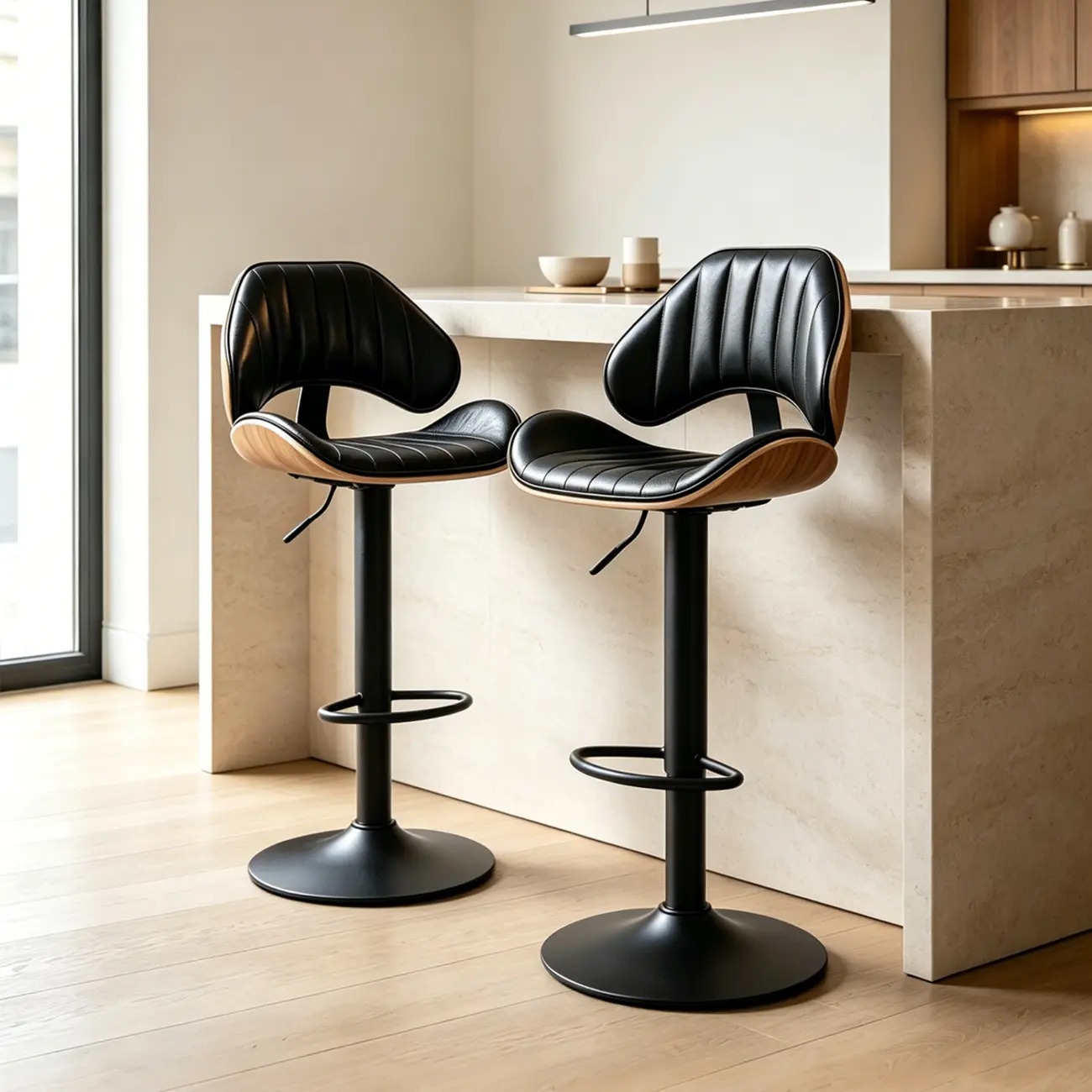 Modern Adjustable Faux Leather Swivel Bar Stools Set of 2 for Kitchen Island Image - 9 | homeyfad