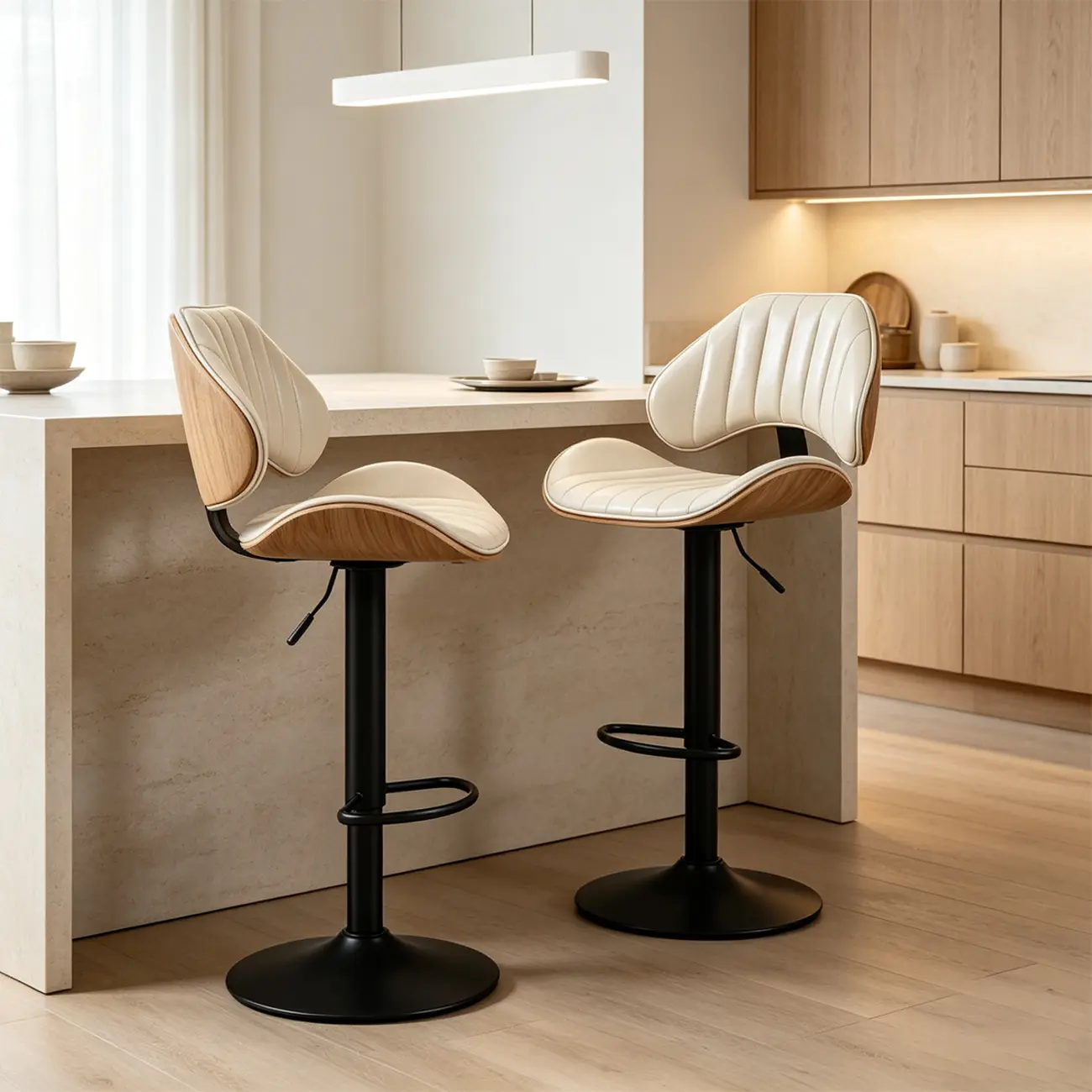 Modern Adjustable Faux Leather Swivel Bar Stools Set of 2 for Kitchen Island Image - 8 | homeyfad
