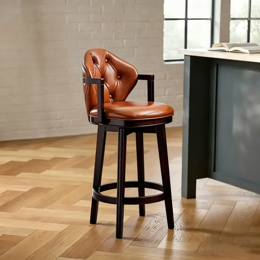 Genuine Leather Traditional Wingback Swivel Bar Stool Solid Wood Image - 12 | homeyfad