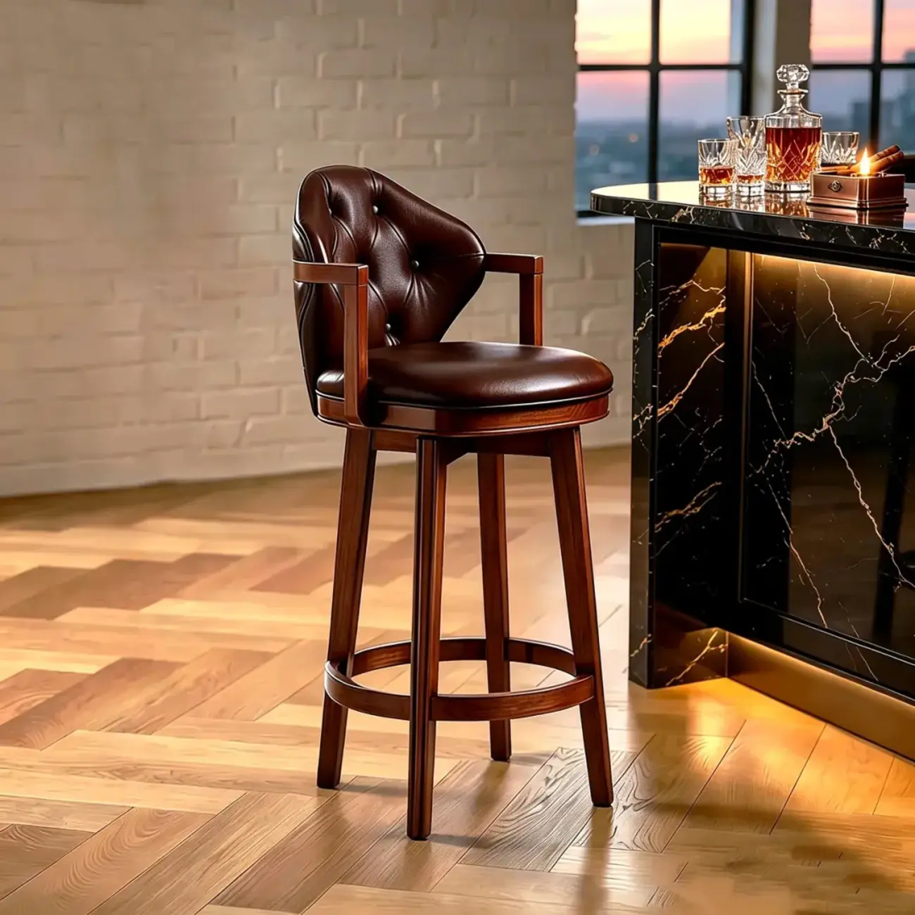 Genuine Leather Traditional Wingback Swivel Bar Stool Solid Wood Image - 13 | homeyfad