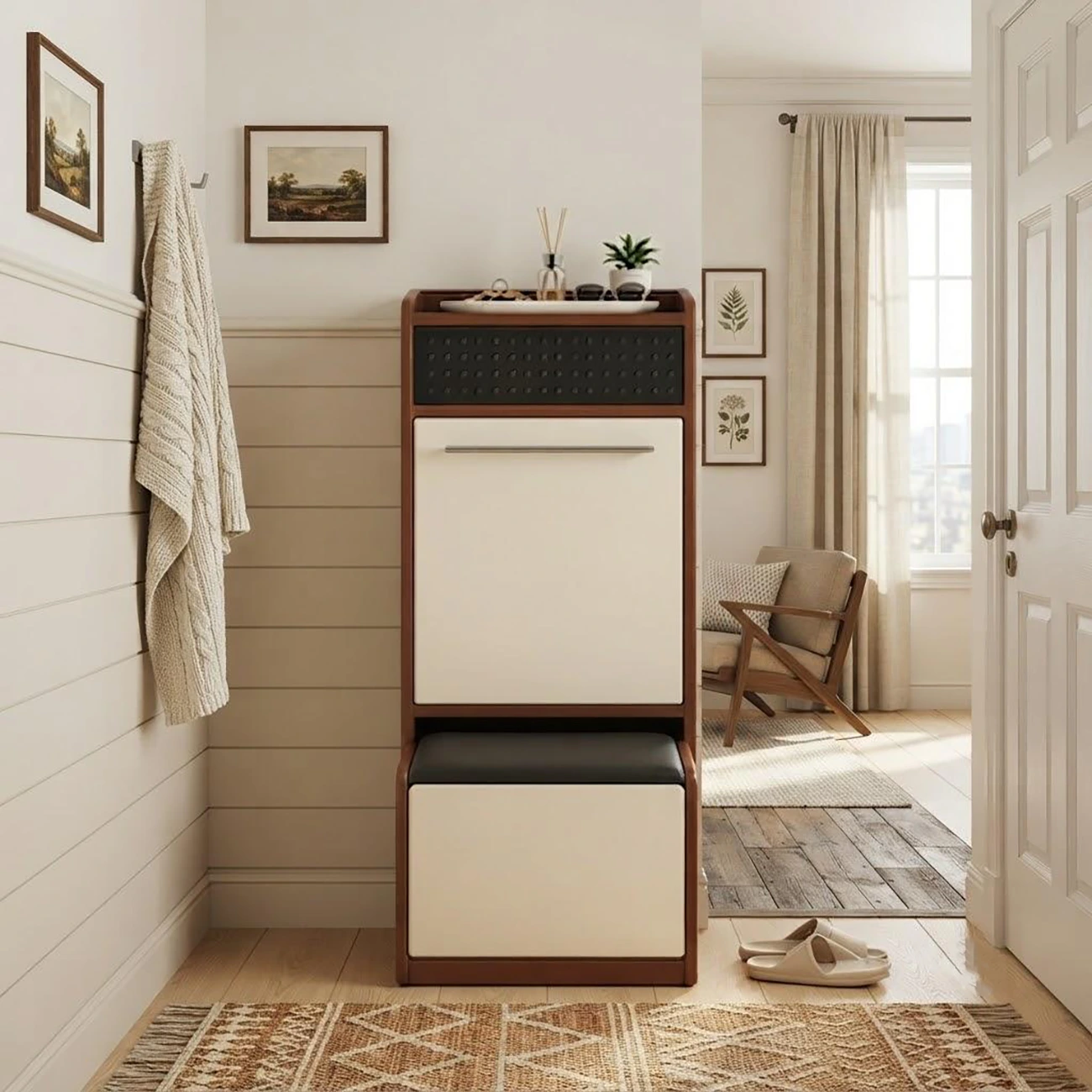 Modern Wooden Entryway Shoe Storage Cabinet With Magnetic Back Panel Image - 3 | homeyfad