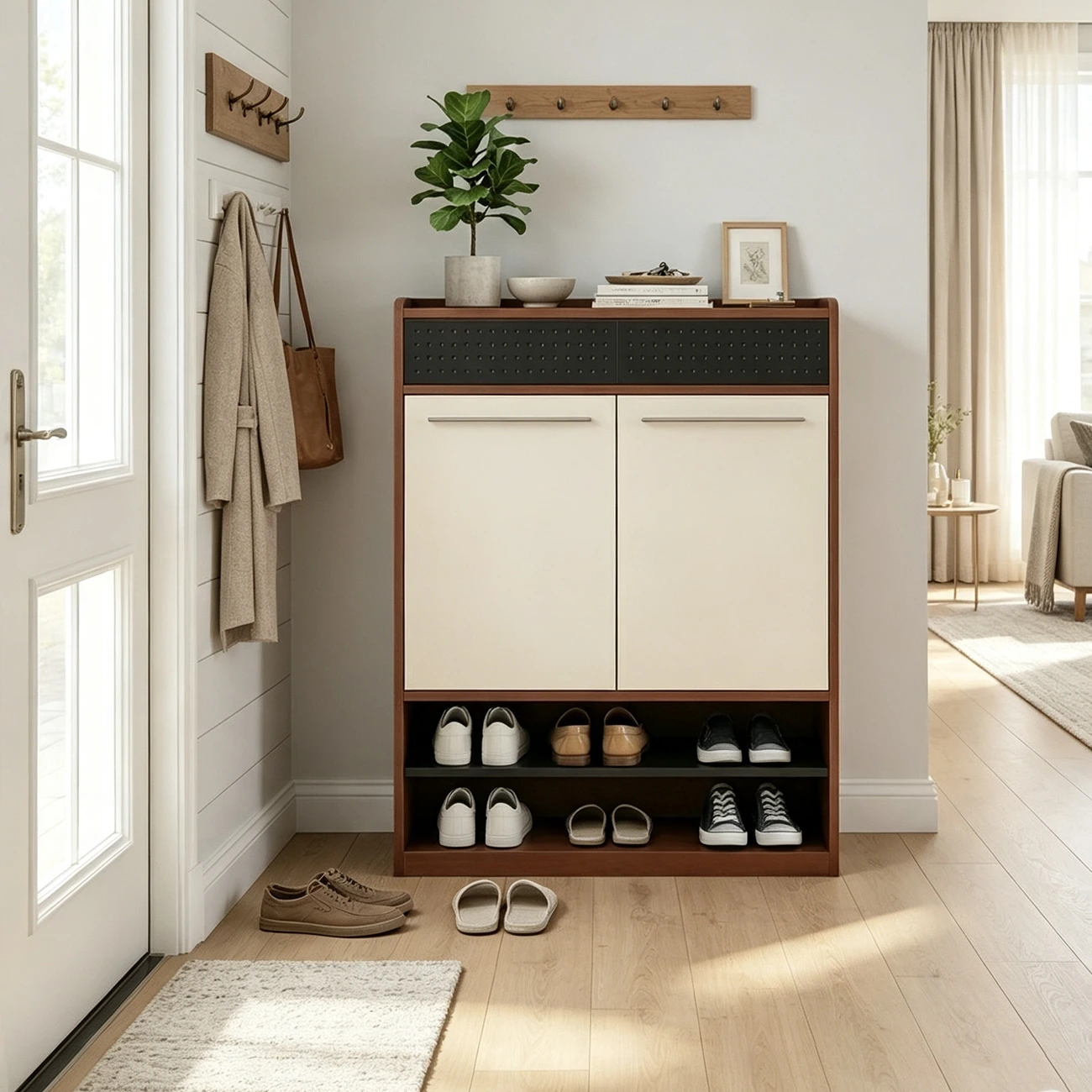 Modern Wooden Entryway Shoe Storage Cabinet With Magnetic Back Panel Image - 7 | homeyfad