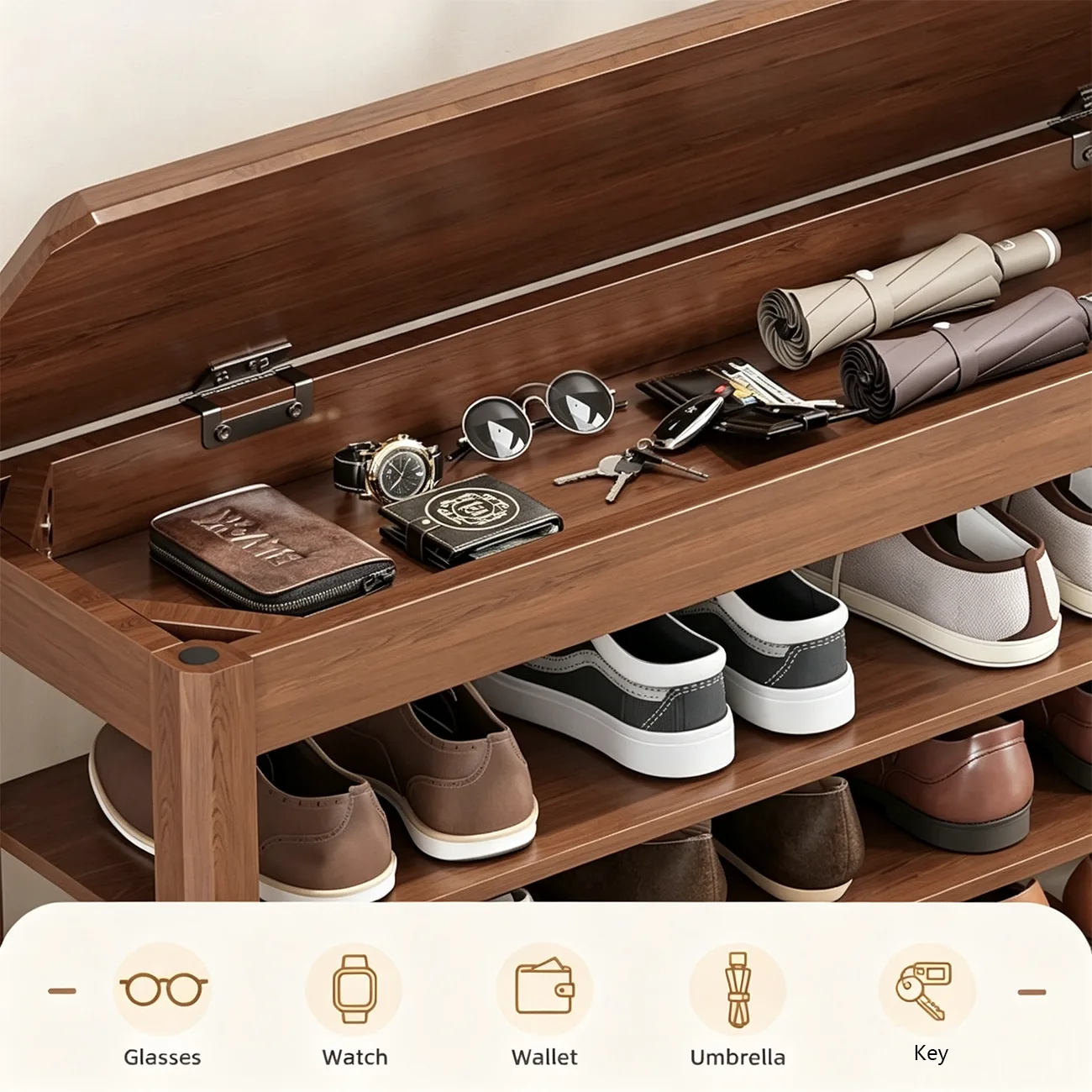Mid-Century Modern Solid Wood Multi-Tier Shoe Rack for Entryway Image - 11 | homeyfad