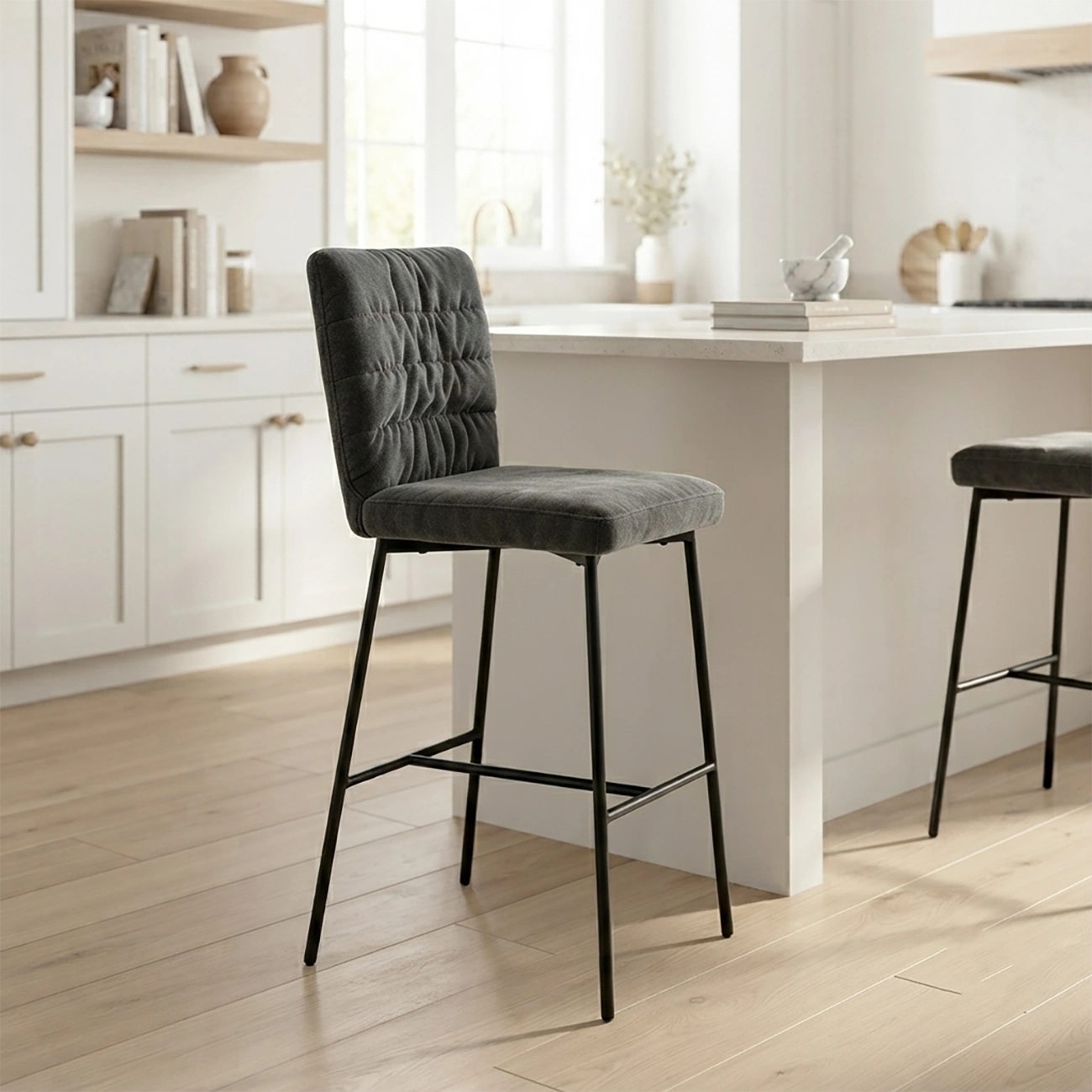 Glam Chenille Fabric Upholstered Mid Back 29.5"H Bar Stools For Kitchen Image - 10 | homeyfad