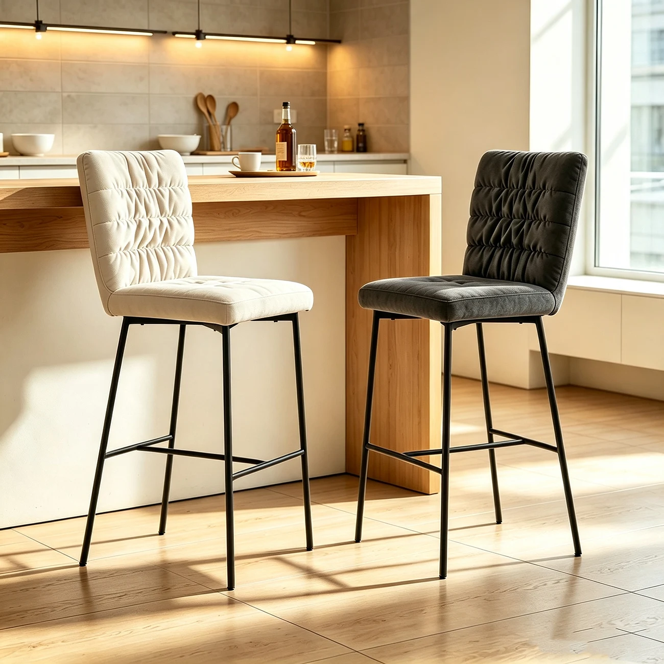 Glam Chenille Fabric Upholstered Mid Back 29.5"H Bar Stools For Kitchen Image - 2 | homeyfad