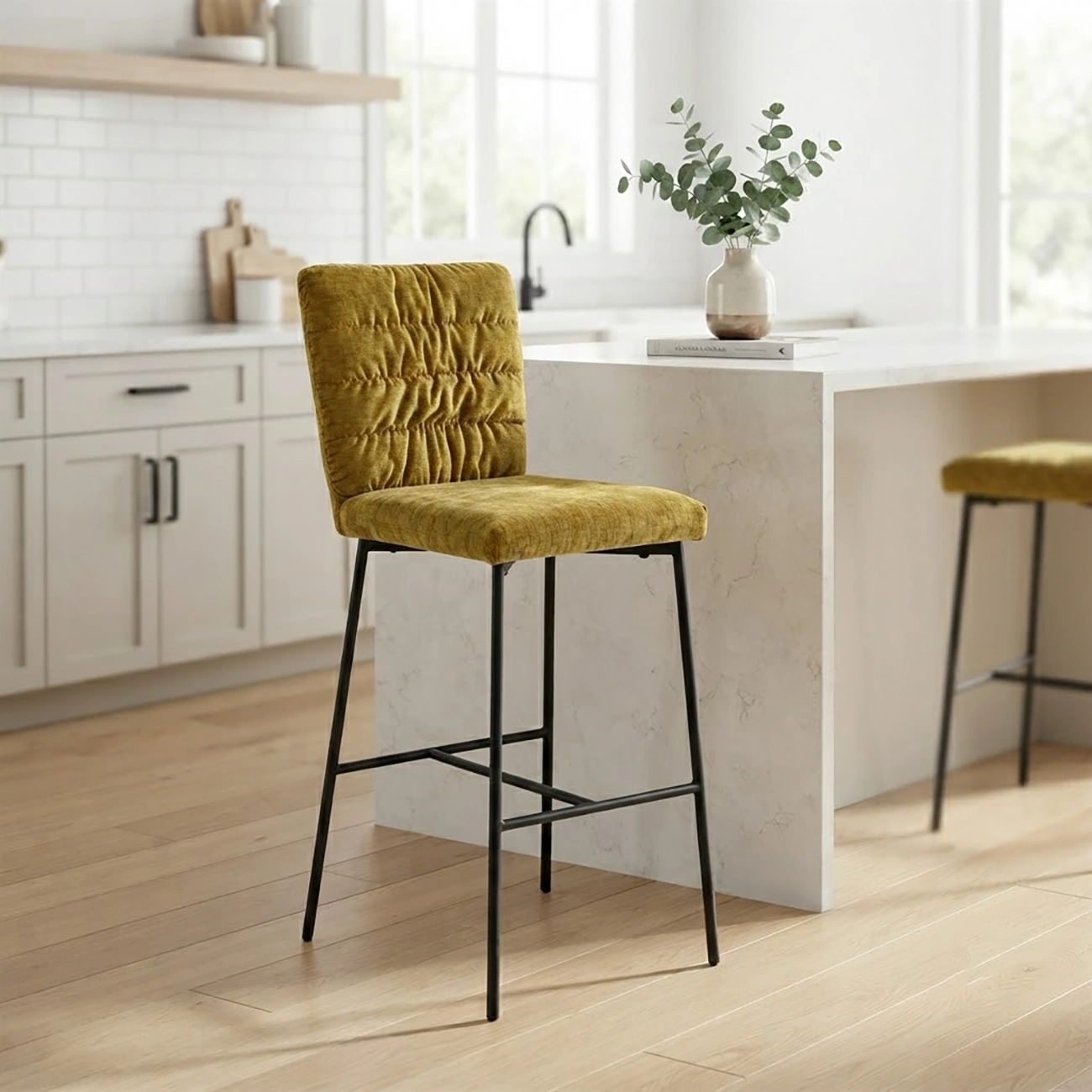 Glam Chenille Fabric Upholstered Mid Back 29.5"H Bar Stools For Kitchen Image - 8 | homeyfad