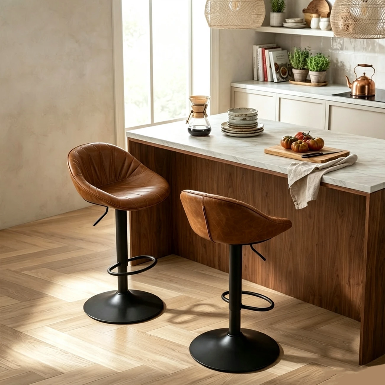 Mid-century Modern Distressed Leather Swivel Bar Stools Adjustable Height Image - 9 | homeyfad