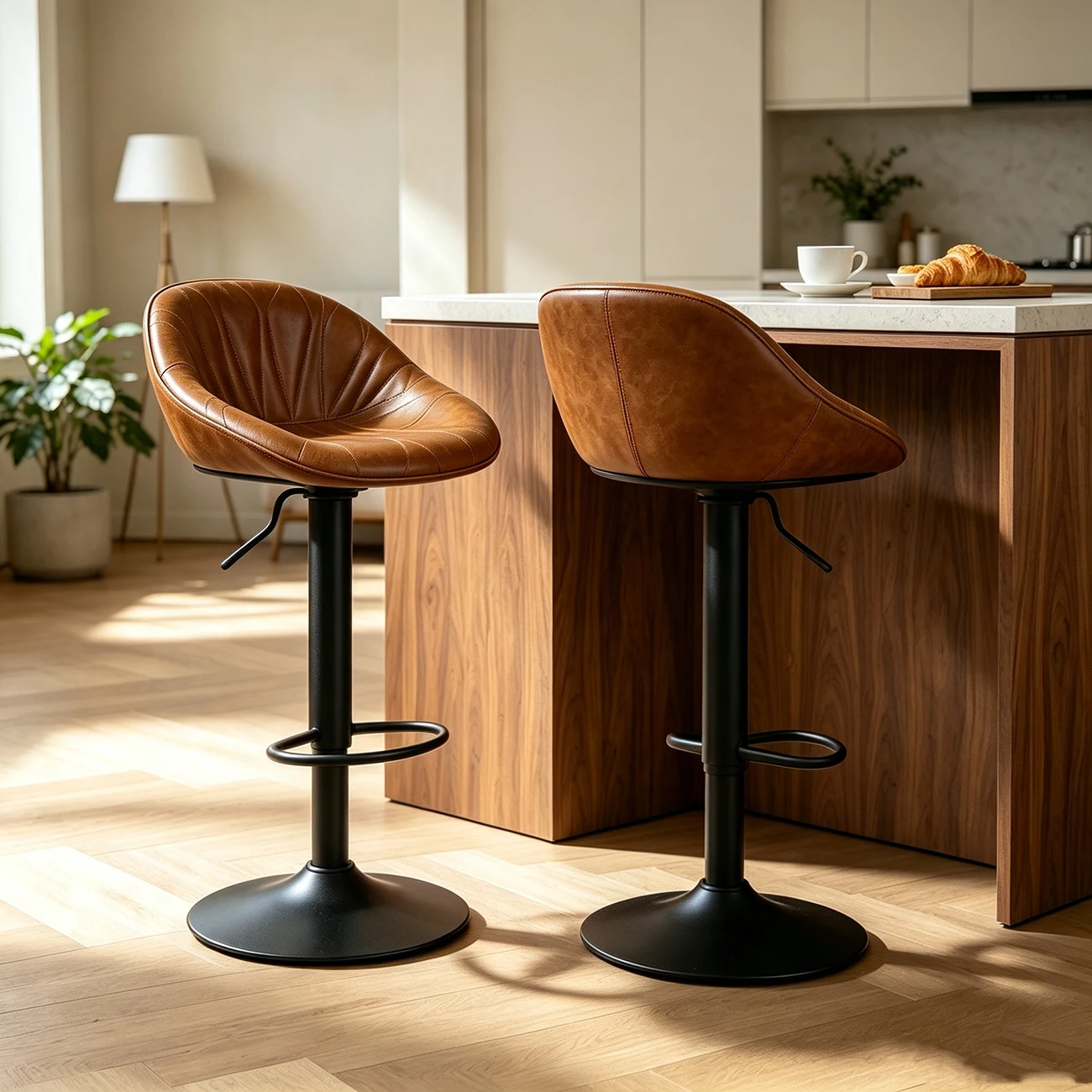 Mid-century Modern Distressed Leather Swivel Bar Stools Adjustable Height Image - 1 | homeyfad