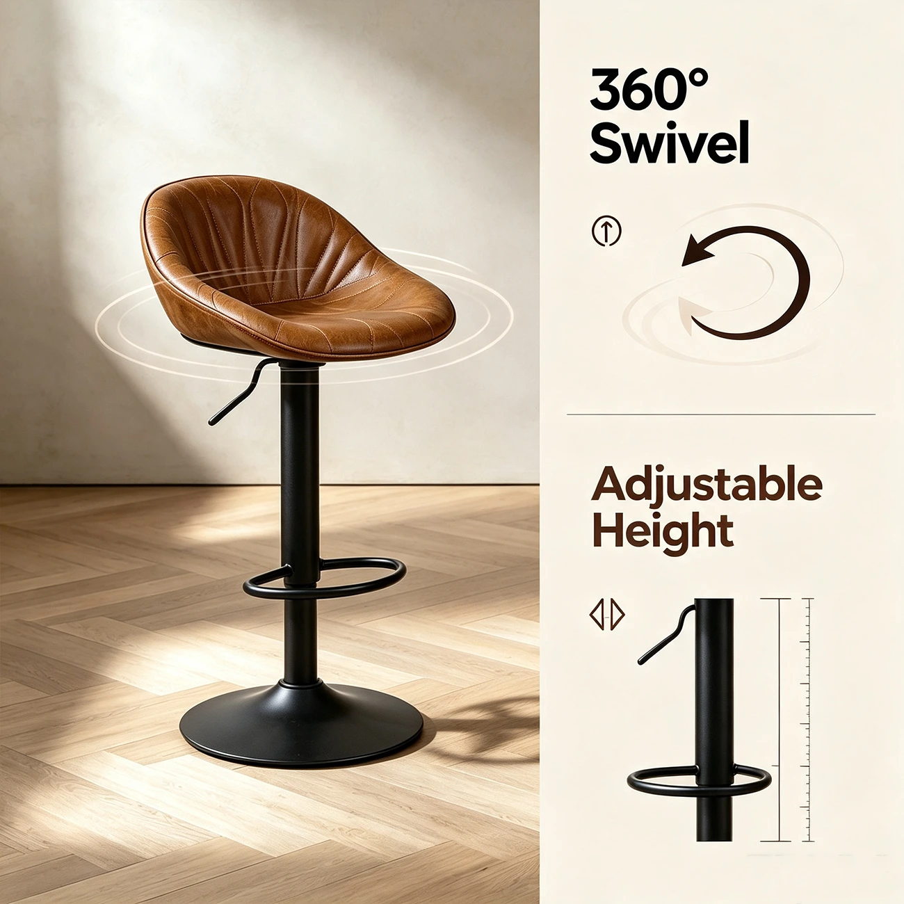 Mid-century Modern Distressed Leather Swivel Bar Stools Adjustable Height Image - 5 | homeyfad