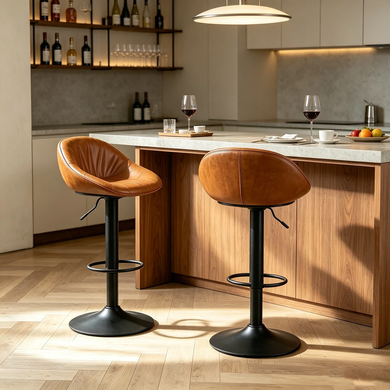 Mid-century Modern Distressed Leather Swivel Bar Stools Adjustable Height Image - 11 | homeyfad