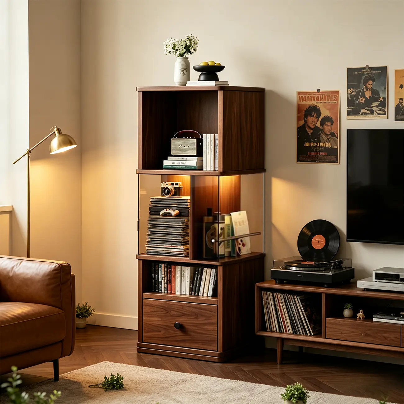 Mid-Century Modern 360° Rotating Tower Bookshelf with LED Lights Image - 3 | homeyfad