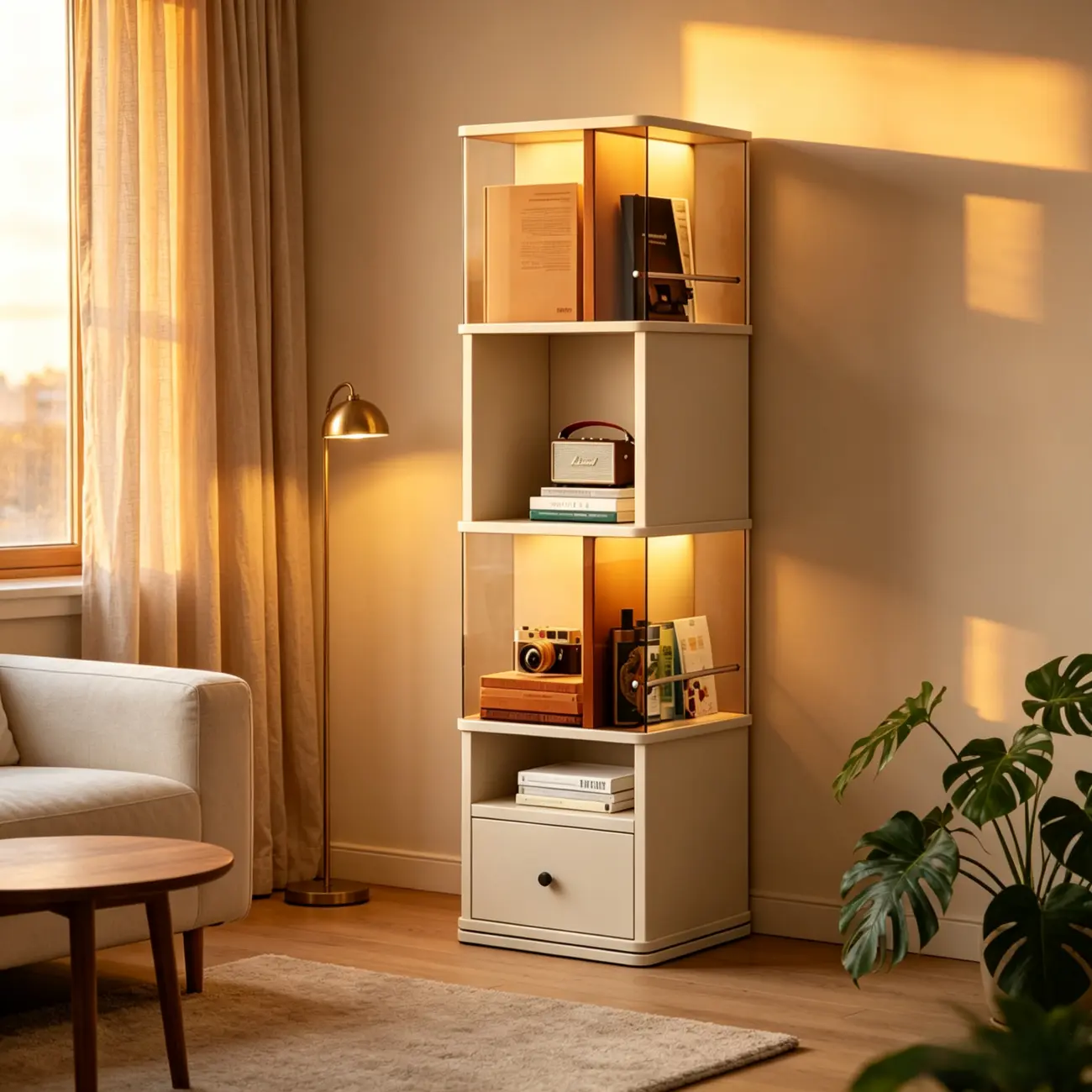 Mid-Century Modern 360° Rotating Tower Bookshelf with LED Lights Image - 11 | homeyfad