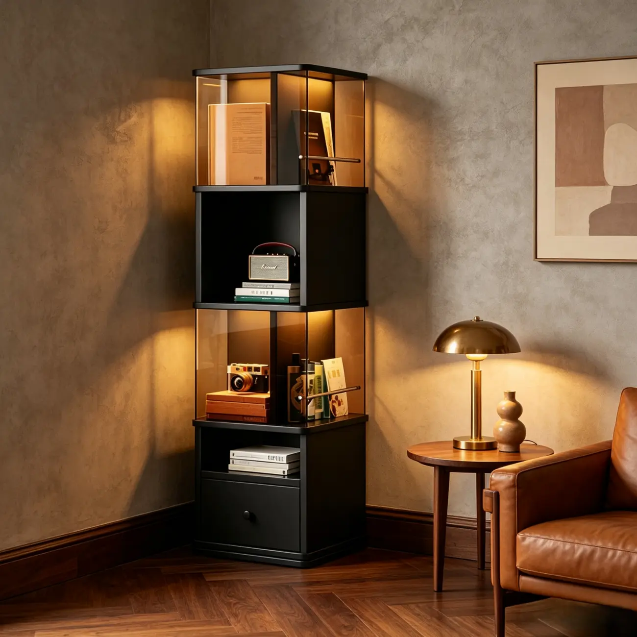 Mid-Century Modern 360° Rotating Tower Bookshelf with LED Lights Image - 13 | homeyfad