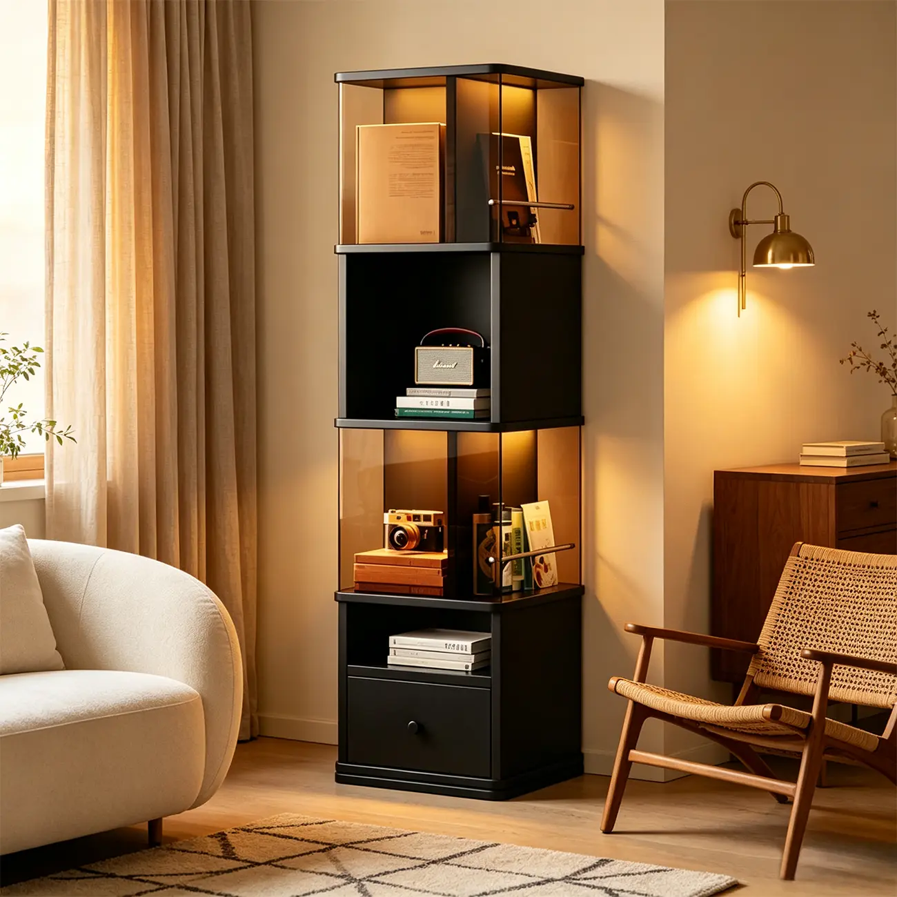 Mid-Century Modern 360° Rotating Tower Bookshelf with LED Lights Image - 5 | homeyfad