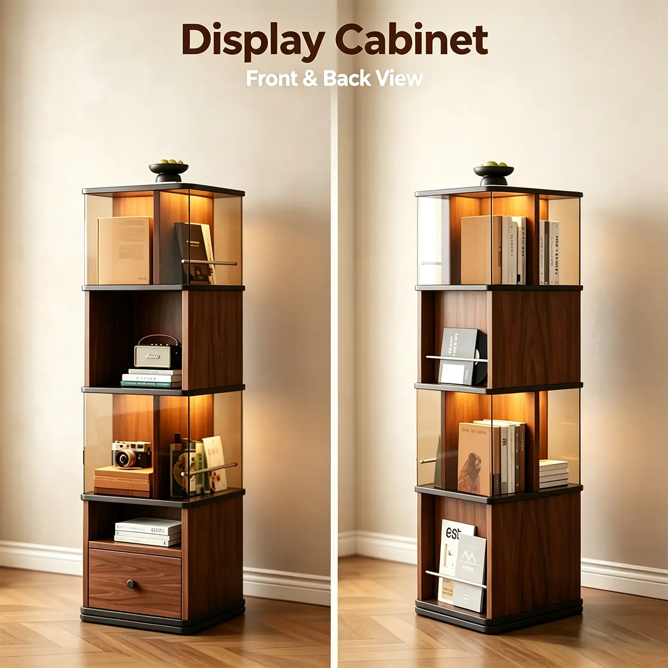 Mid-Century Modern 360° Rotating Tower Bookshelf with LED Lights Image - 7 | homeyfad