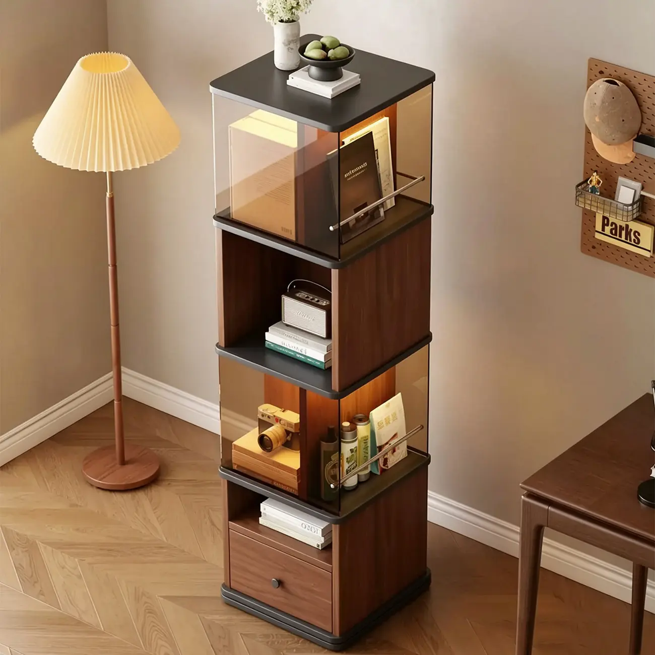 Mid-Century Modern 360° Rotating Tower Bookshelf with LED Lights Image - 2 | homeyfad