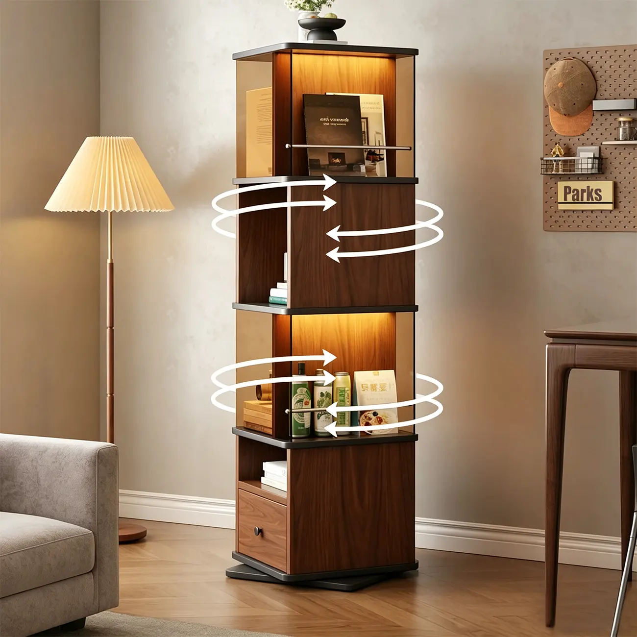 Mid-Century Modern 360° Rotating Tower Bookshelf with LED Lights Image - 6 | homeyfad