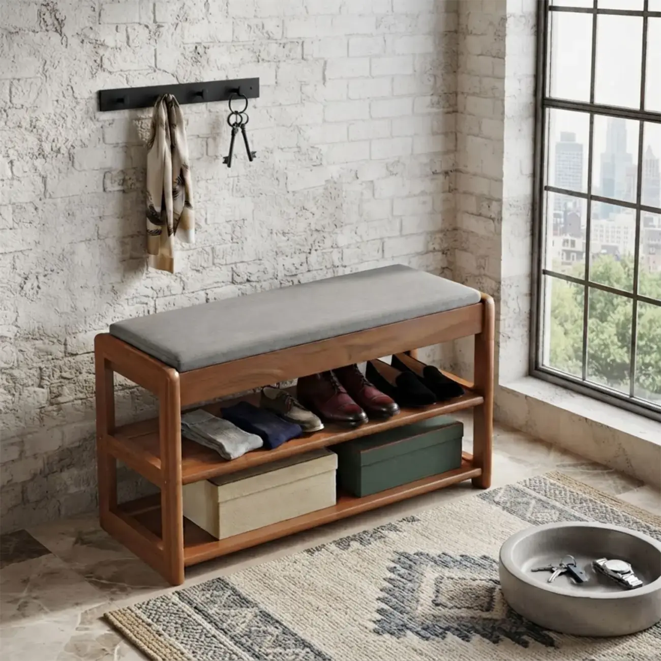 Scandinavian Solid Wood 2-Tier Shoe Bench with Hidden Storage Seat Image - 5 | homeyfad