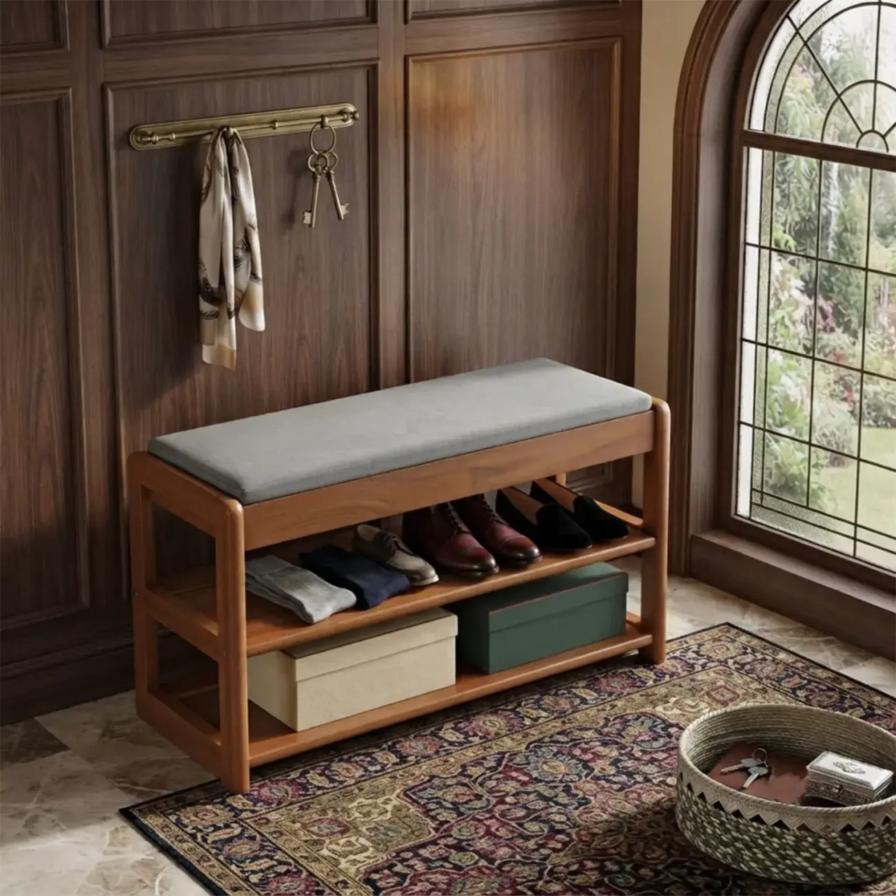 Scandinavian Solid Wood 2-Tier Shoe Bench with Hidden Storage Seat Image - 4 | homeyfad