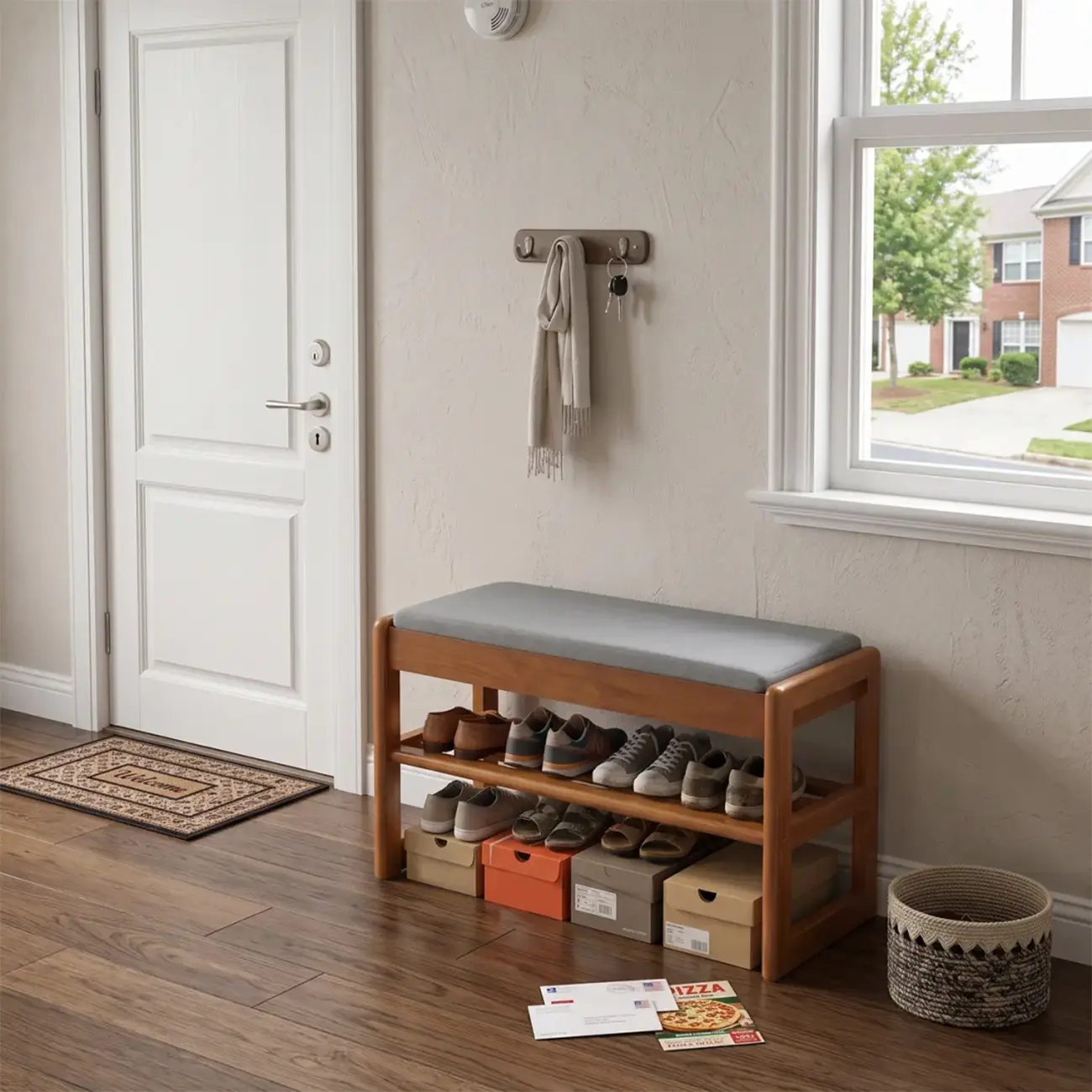 Scandinavian Solid Wood 2-Tier Shoe Bench with Hidden Storage Seat Image - 3 | homeyfad