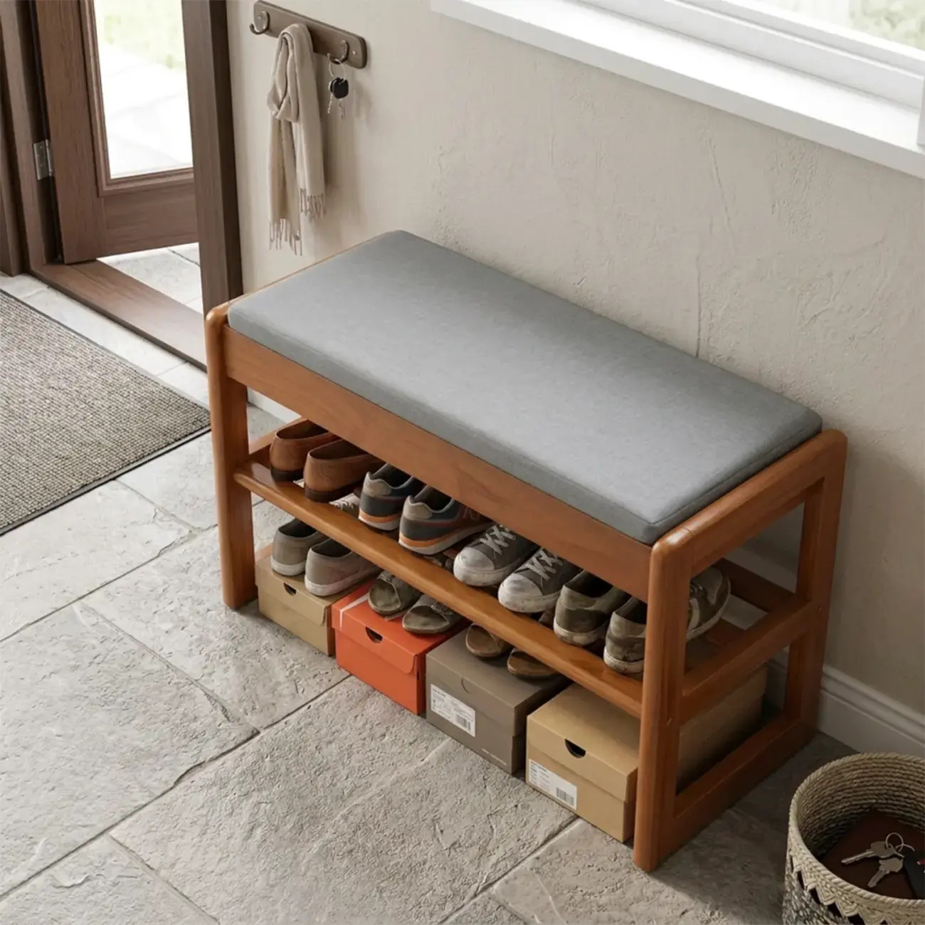 Scandinavian Solid Wood 2-Tier Shoe Bench with Hidden Storage Seat Image - 2 | homeyfad