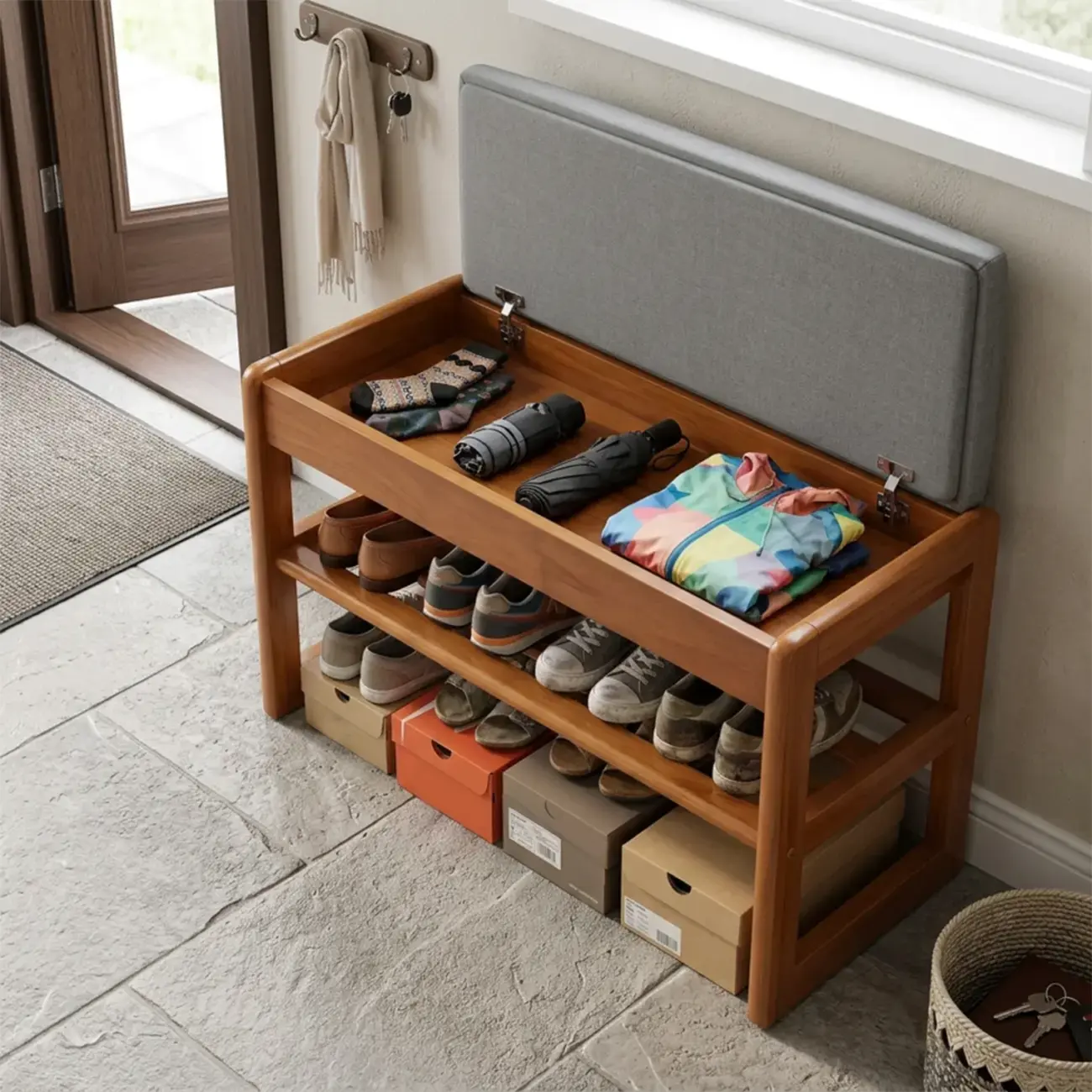 Scandinavian Solid Wood 2-Tier Shoe Bench with Hidden Storage Seat Image - 1 | homeyfad