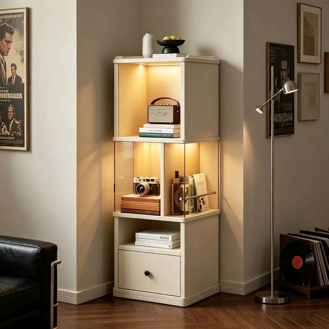 Mid-Century Modern 360° Rotating Tower Bookshelf with LED Lights Image - 4 | homeyfad