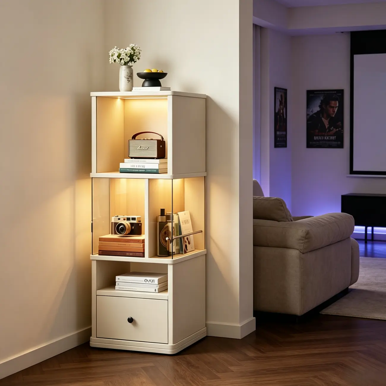 Mid-Century Modern 360° Rotating Tower Bookshelf with LED Lights Image - 12 | homeyfad